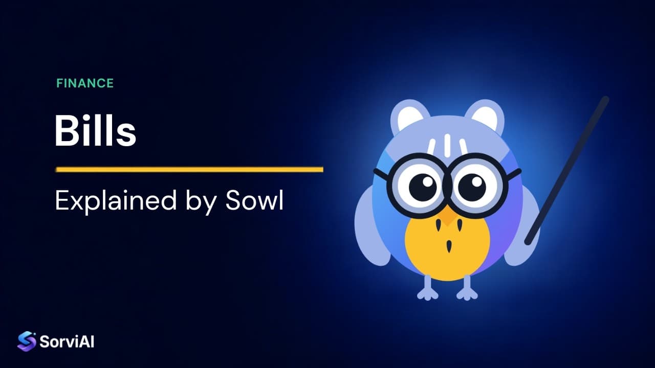 Bills, explained by Sowl: the SorviAI tutor, a blue owl in round glasses holding a pointer.