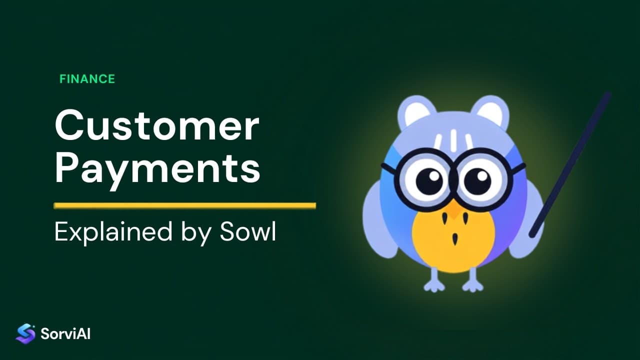 Customer payments, explained by Sowl: the SorviAI tutor, a blue owl in round glasses holding a pointer.