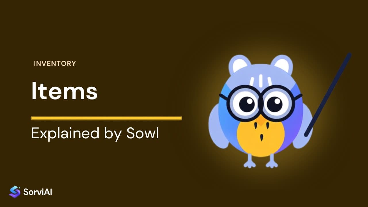Items in Inventory, explained by Sowl: the SorviAI tutor, a blue owl in round glasses holding a pointer.