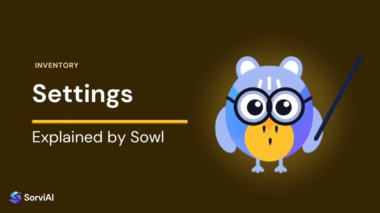 Inventory settings, explained by Sowl: the SorviAI tutor, a blue owl in round glasses holding a pointer.