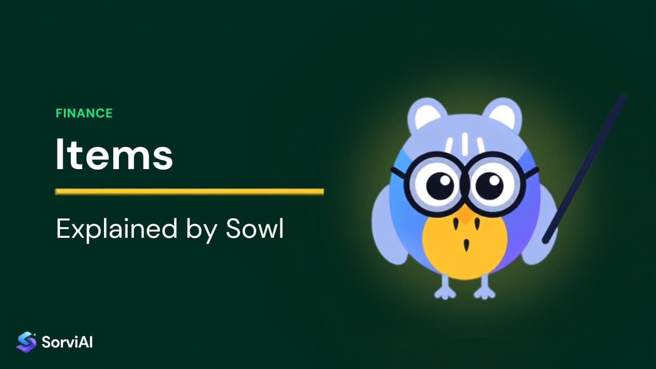 Items, explained by Sowl: the SorviAI tutor, a blue owl in round glasses holding a pointer.