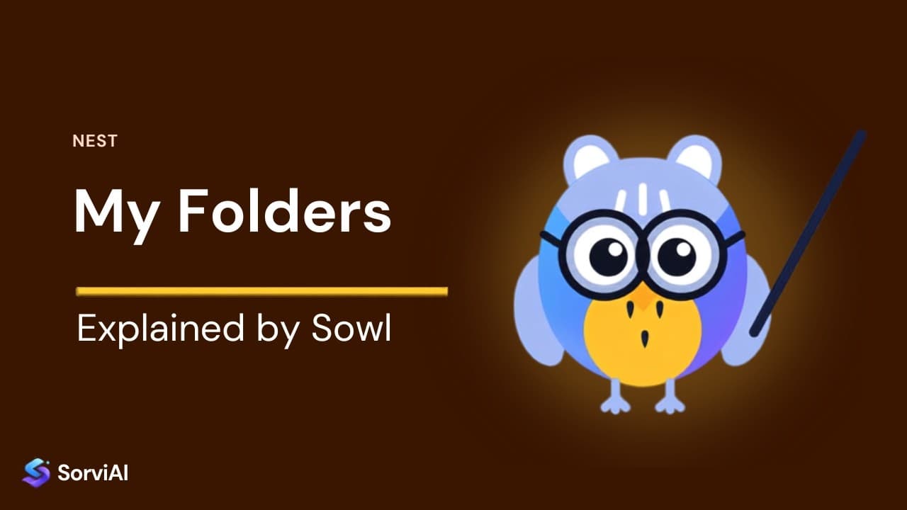 My Folders in Nest, explained by Sowl: the SorviAI tutor, a blue owl in round glasses holding a pointer.