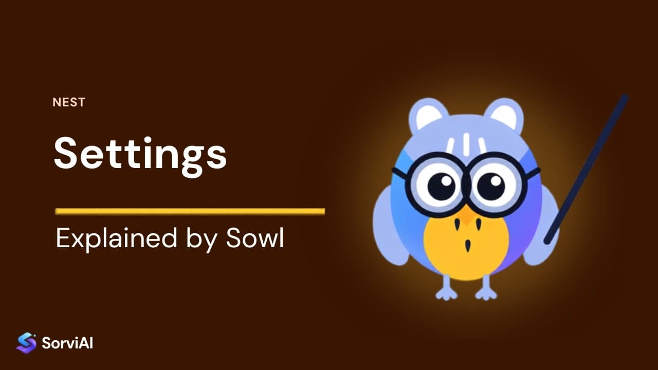 Nest settings, explained by Sowl: the SorviAI tutor, a blue owl in round glasses holding a pointer.