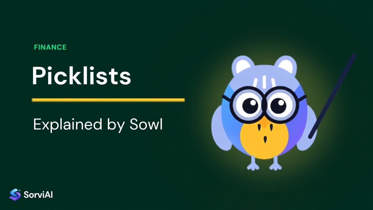 Picklists, explained by Sowl: the SorviAI tutor, a blue owl in round glasses holding a pointer.