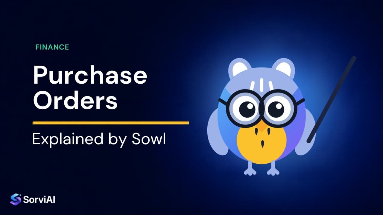 Purchase orders, explained by Sowl: the SorviAI tutor, a blue owl in round glasses holding a pointer.