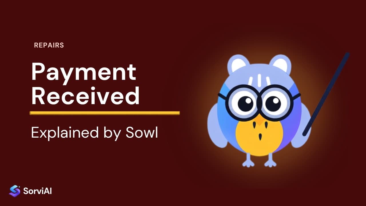 Payments received in Repairs, explained by Sowl: the SorviAI tutor, a blue owl in round glasses holding a pointer.