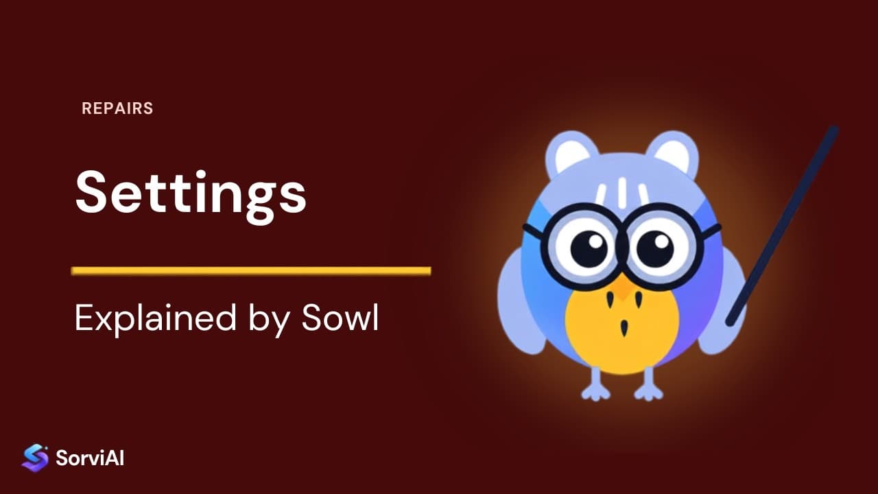Repairs settings, explained by Sowl: the SorviAI tutor, a blue owl in round glasses holding a pointer.