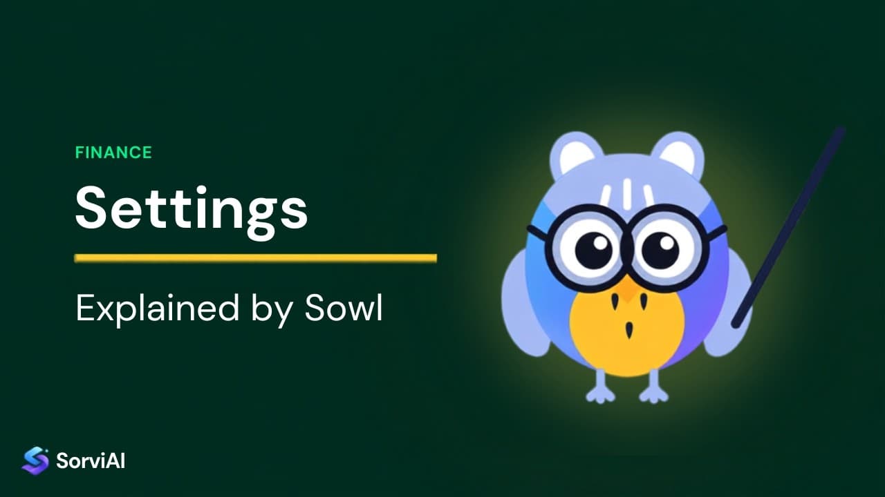 Finance settings, explained by Sowl: the SorviAI tutor, a blue owl in round glasses holding a pointer.