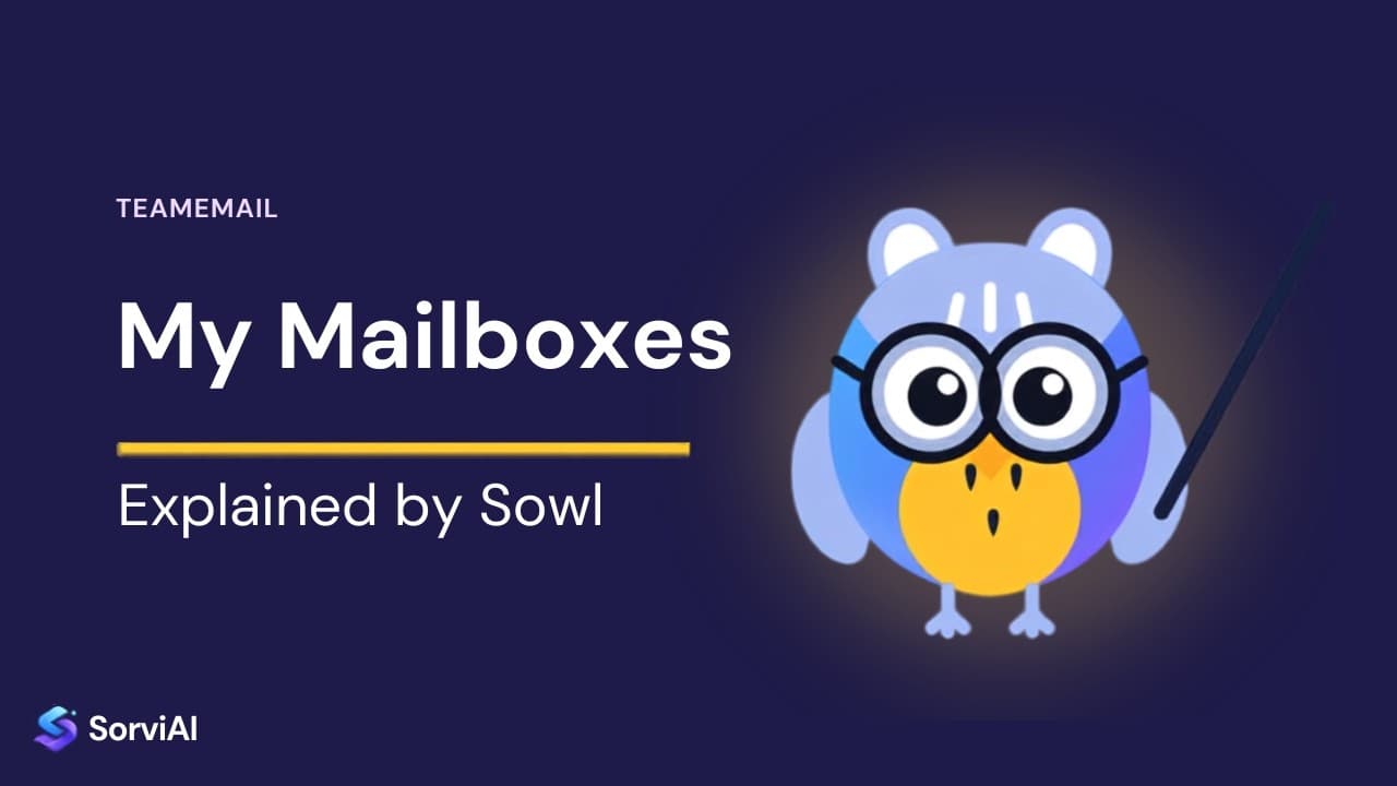 My mailboxes in TeamEmail, explained by Sowl: the SorviAI tutor, a blue owl in round glasses holding a pointer.