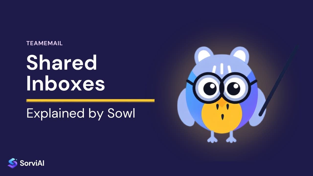 Shared inboxes in TeamEmail, explained by Sowl: the SorviAI tutor, a blue owl in round glasses holding a pointer.