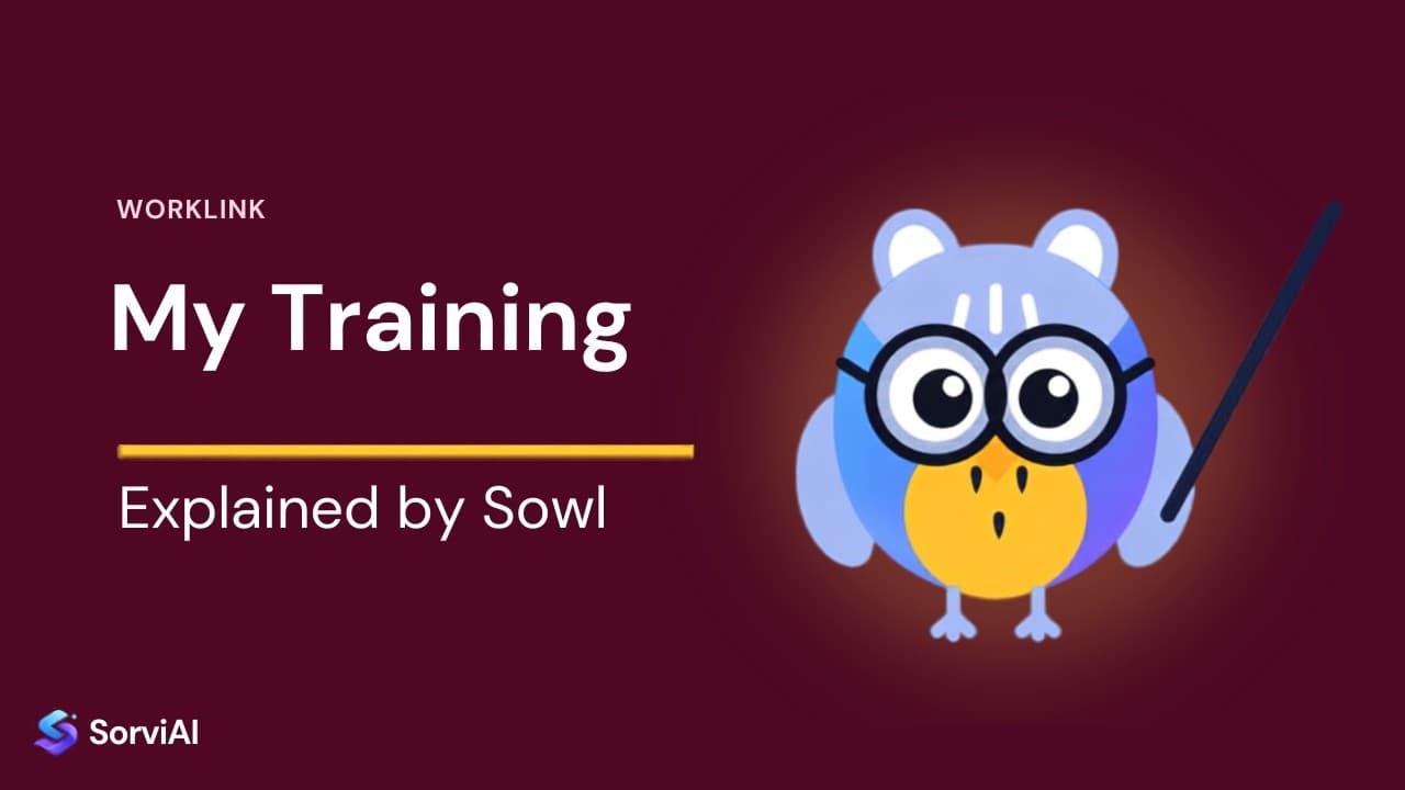 My Training in Worklink, explained by Sowl: the SorviAI tutor, a blue owl in round glasses holding a pointer.