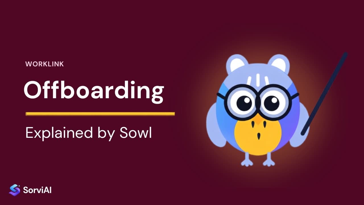 Offboarding in Worklink, explained by Sowl: the SorviAI tutor, a blue owl in round glasses holding a pointer.
