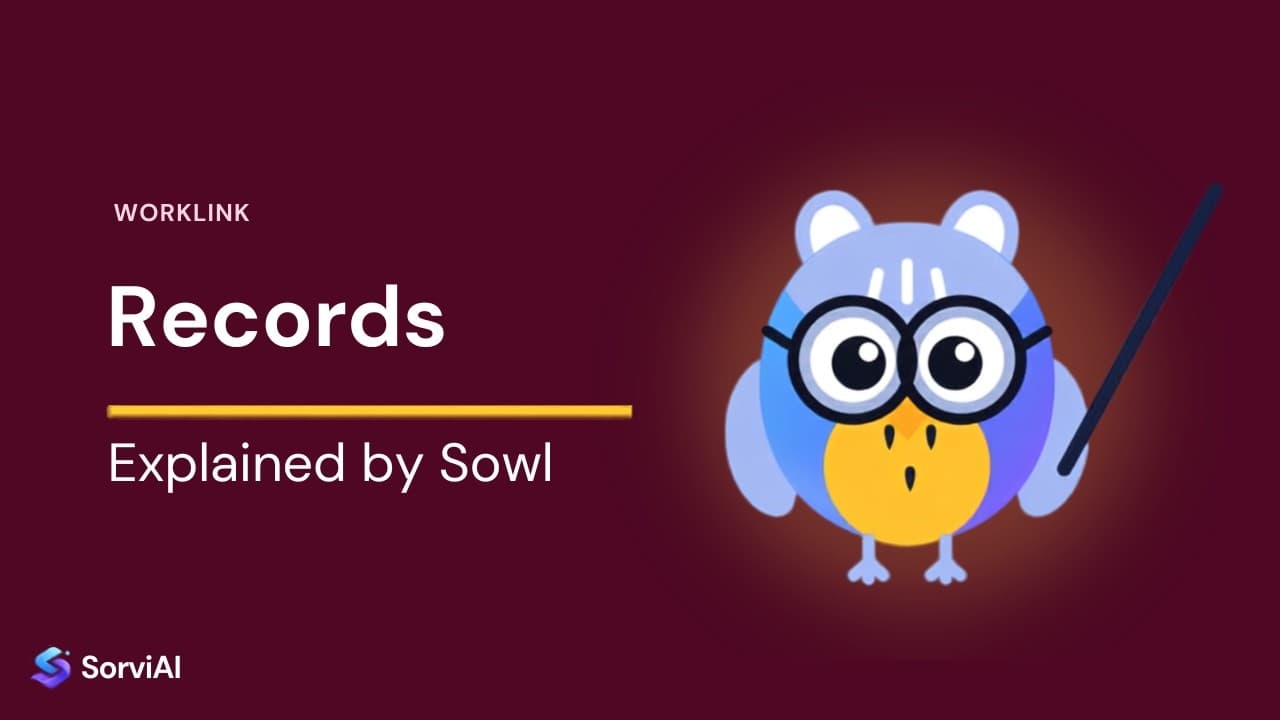 Attendance Records in Worklink, explained by Sowl: the SorviAI tutor, a blue owl in round glasses holding a pointer.