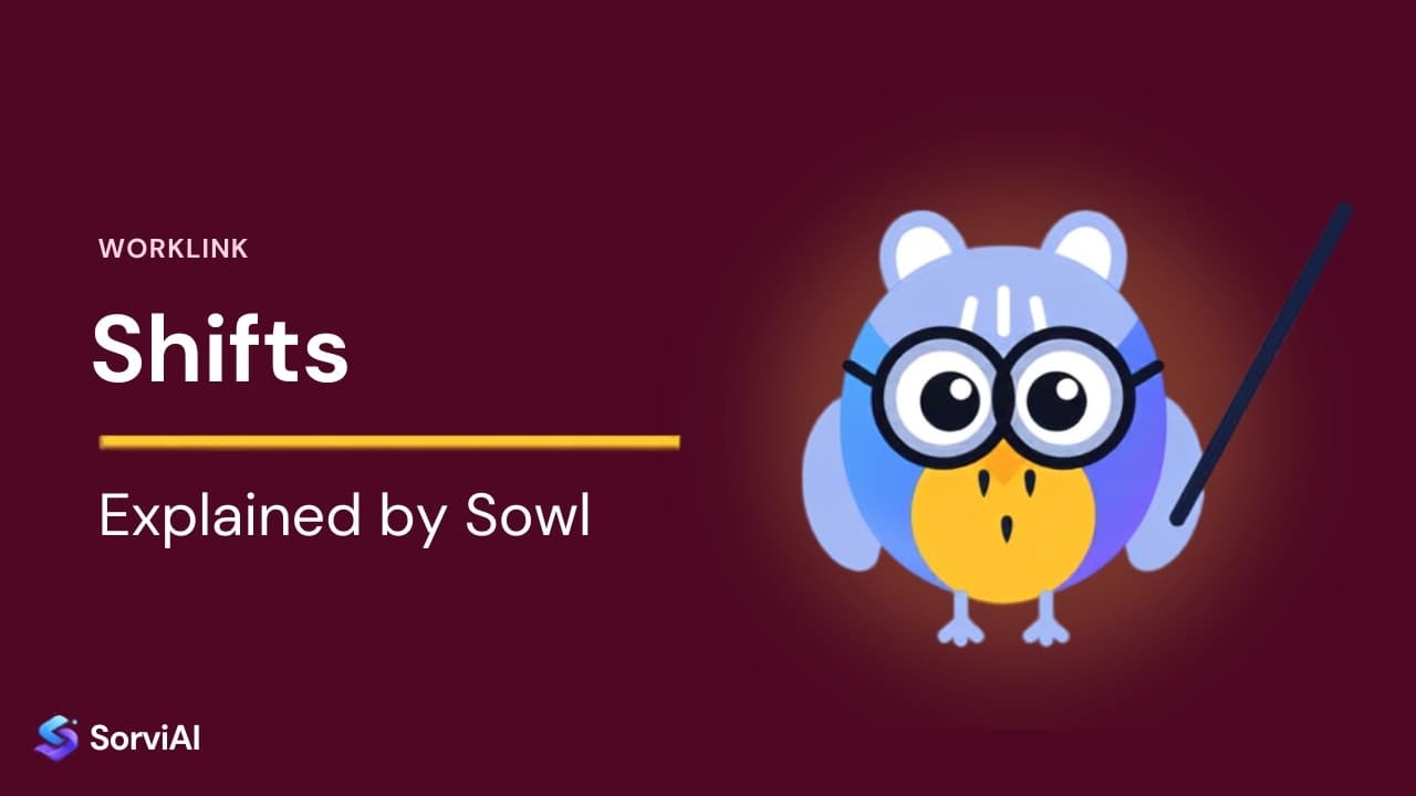 Shifts in Worklink, explained by Sowl: the SorviAI tutor, a blue owl in round glasses holding a pointer.