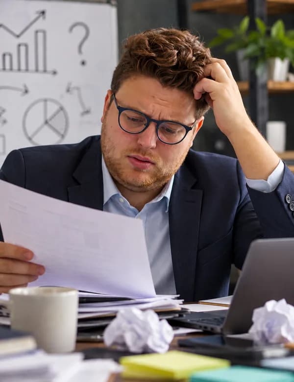A business owner in a blazer and glasses scratching his head over a sheet of paperwork, his desk covered in papers, sticky notes and crumpled pages.