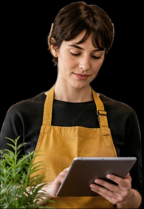 A café owner in a mustard apron, smiling as she reads a tablet behind her counter.