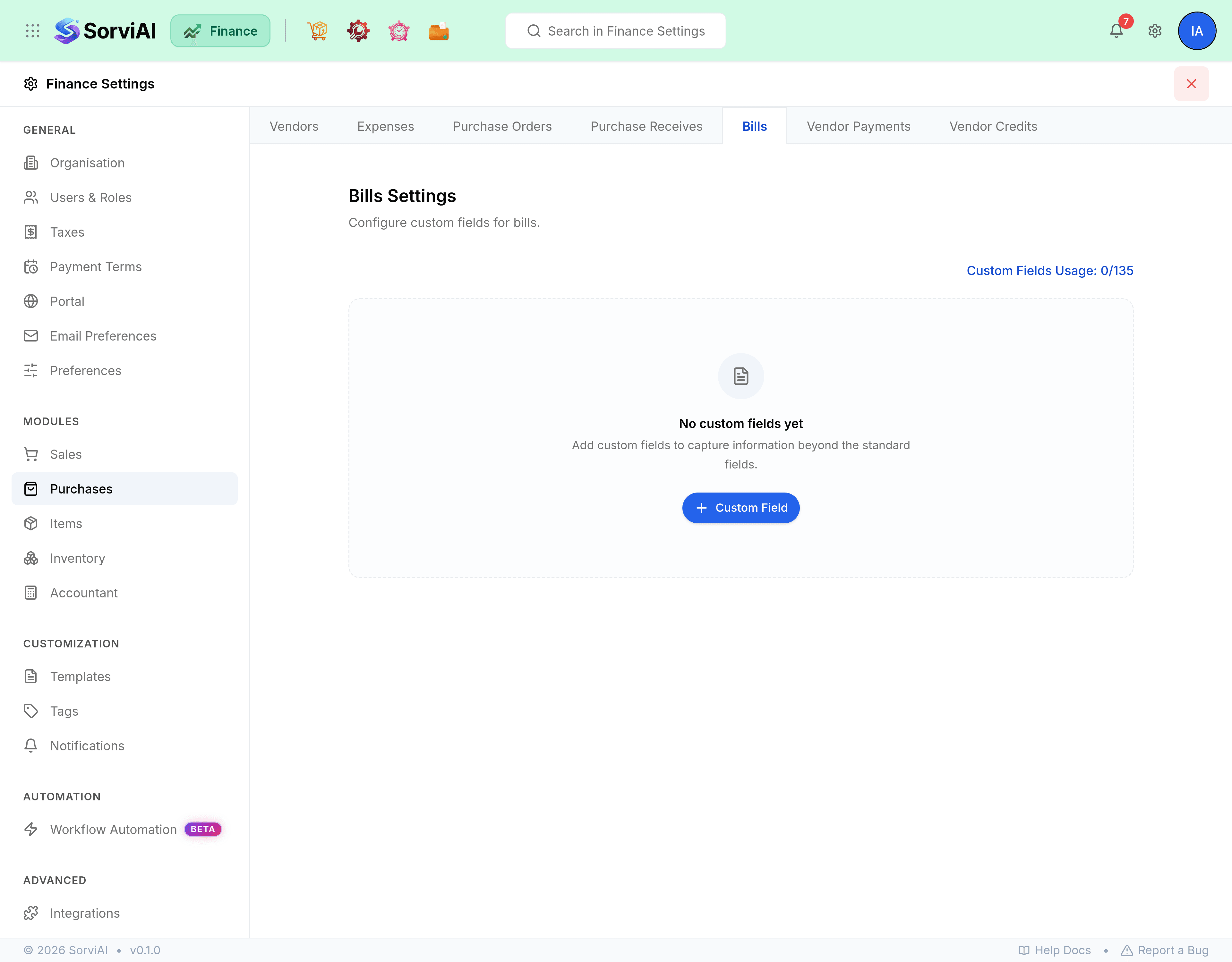 Finance Settings with Purchases selected in the left rail and the Bills tab open across the top, alongside tabs for Vendors, Expenses, Purchase Orders, Purchase Receives, Vendor Payments and Vendor Credits.