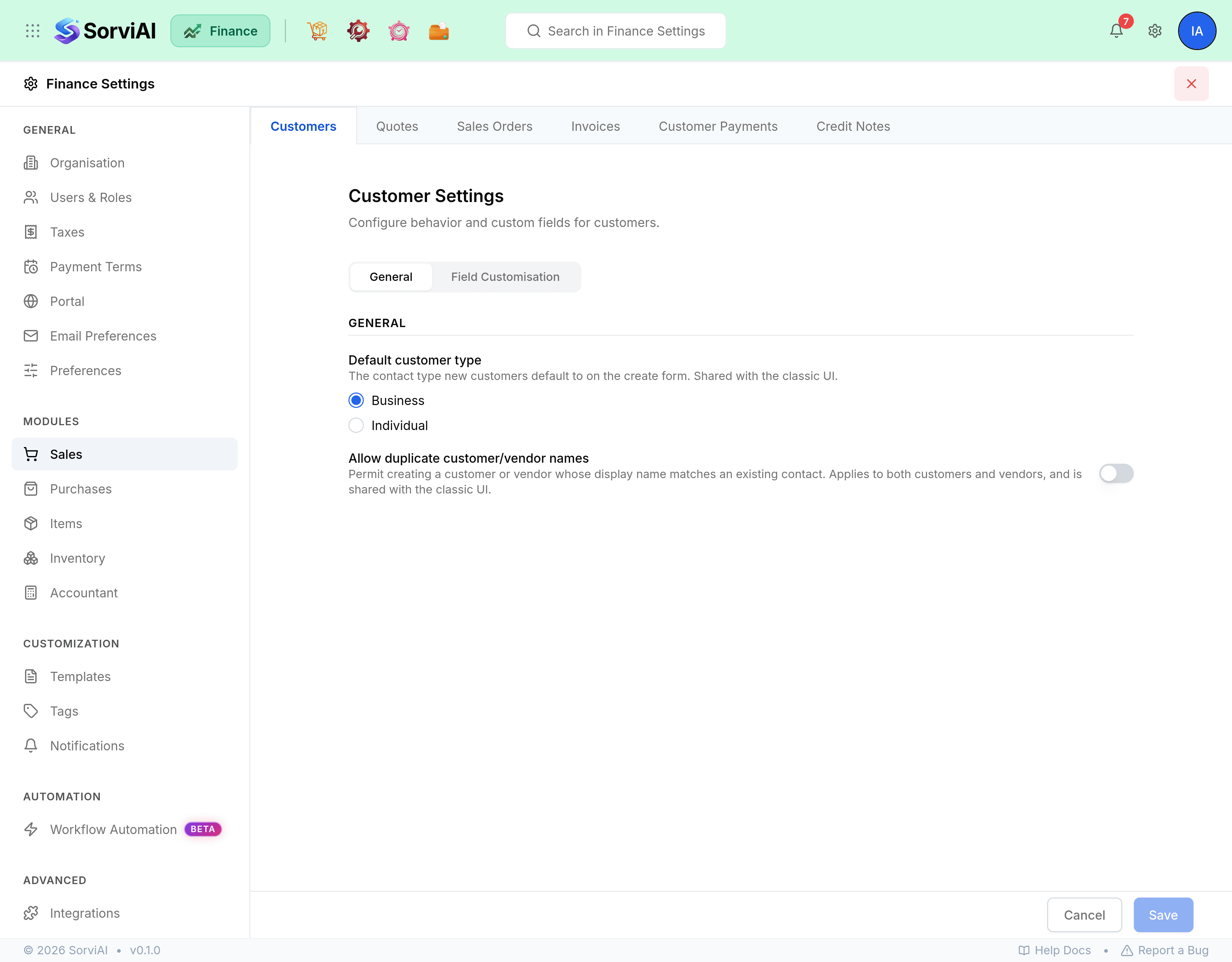 The Customer Settings tab of Finance Settings. A General and Field Customisation switch sits above a Default customer type radio pair set to Business, and a switch for allowing duplicate customer and vendor names.