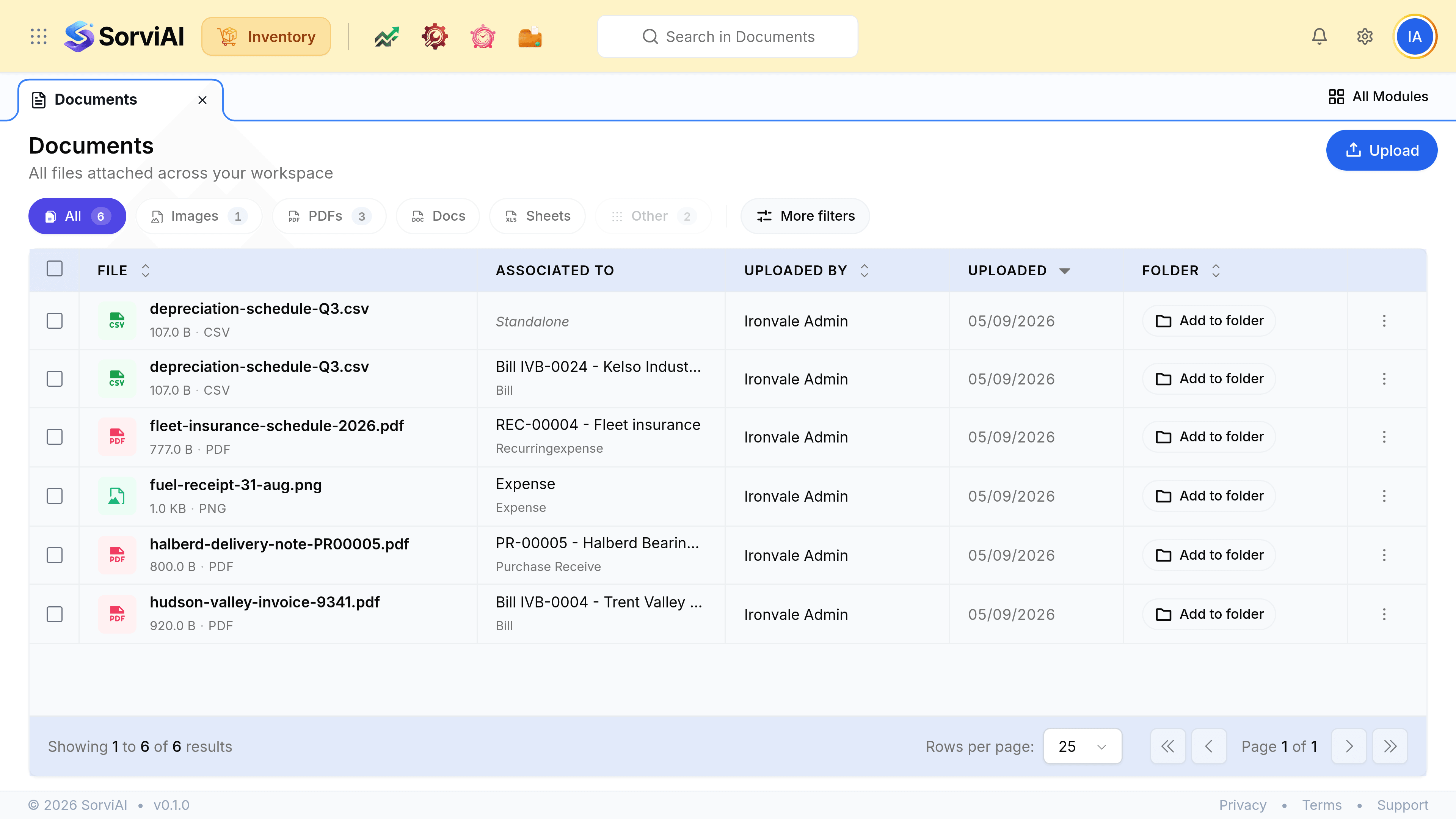 The Documents list showing files with their size and type, and an Associated To column naming the record each file belongs to, such as Bill IVB-0024 for Kelso Industrial Fasteners with Bill beneath it, or PR-00005 for Halberd Bearings Ltd with Purchase Receive beneath it.