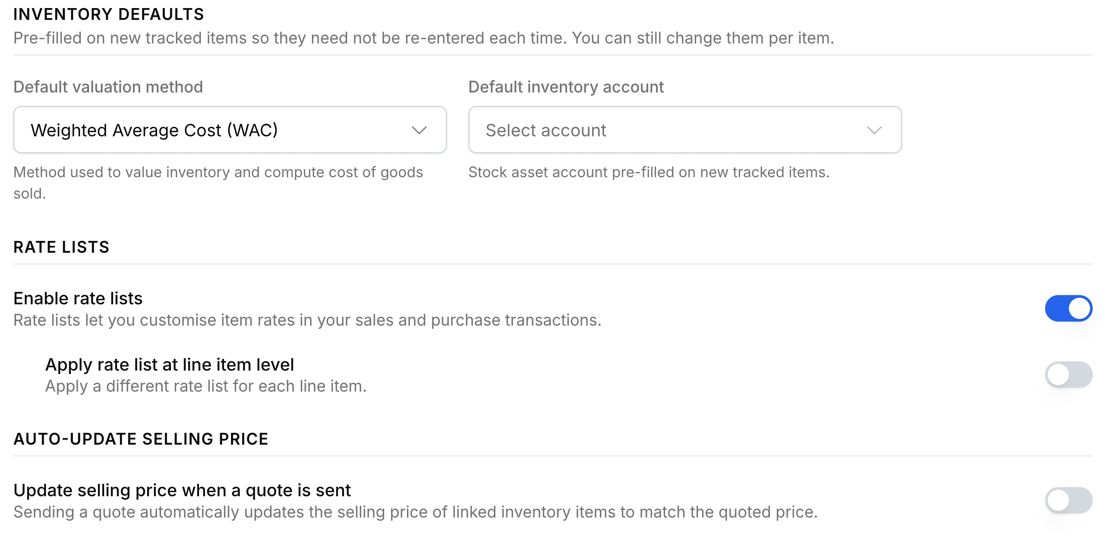The lower half of Items Settings. An Inventory Defaults section, introduced by the line Pre-filled on new tracked items so they need not be re-entered each time, holds Default valuation method set to Weighted Average Cost and an empty Default inventory account. A Rate Lists section below has Enable rate lists switched on with an indented Apply rate list at line item level switched off. An Auto-Update Selling Price section at the foot has Update selling price when a quote is sent switched off, described as sending a quote automatically updates the selling price of linked inventory items to match the quoted price.