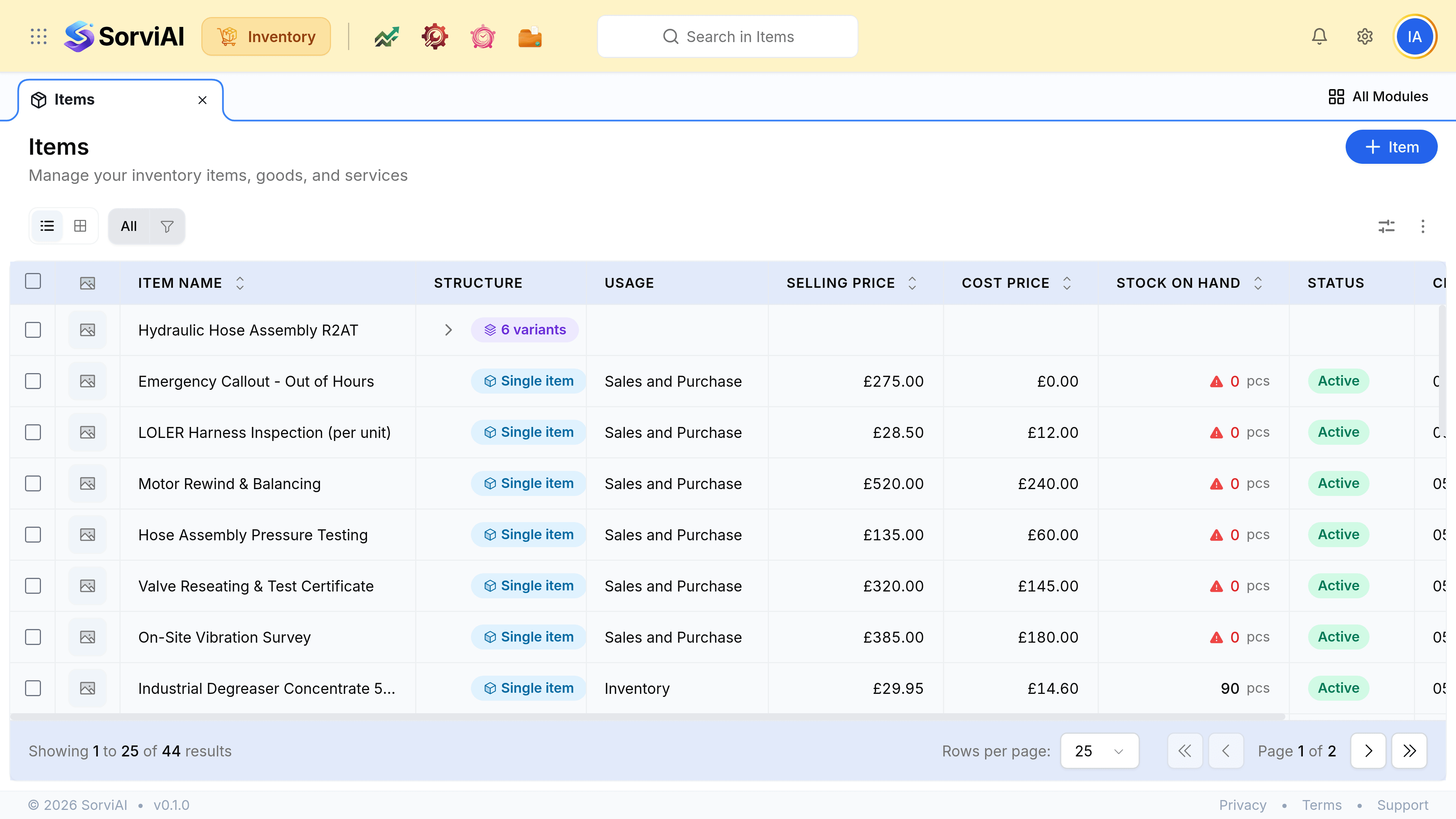 The Items screen listing forty-four records with the Hydraulic Hose Assembly R2AT row collapsed at the top, showing a right-pointing chevron and a 6 variants badge and no figures against it, while every row beneath is marked Single item and carries a selling price, a cost price and a stock figure.