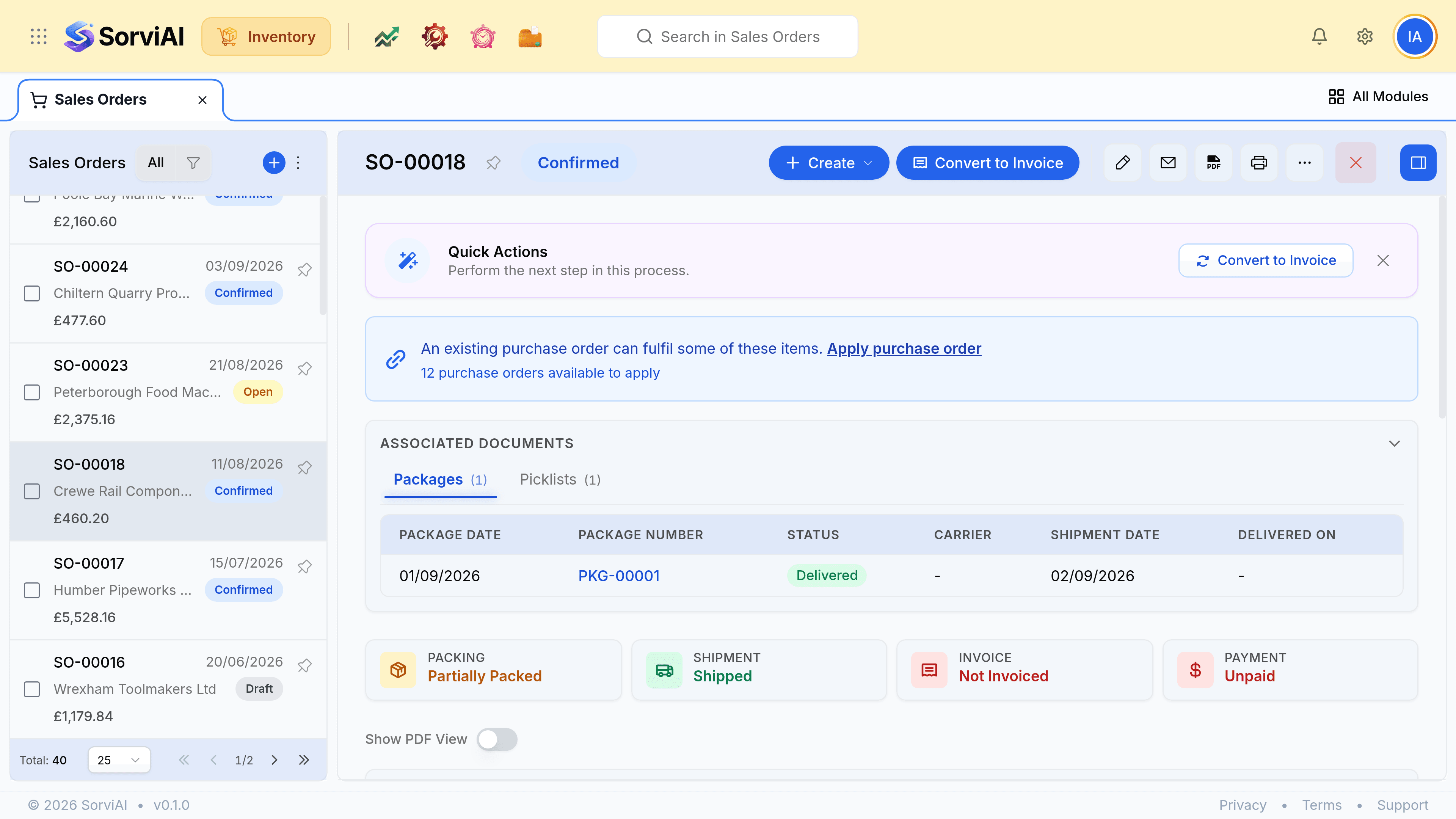 A sales order record showing its number and status, the customer and their addresses, the ordered lines with quantities and rates, the totals, and an activity panel at the right recording what has happened to the order.