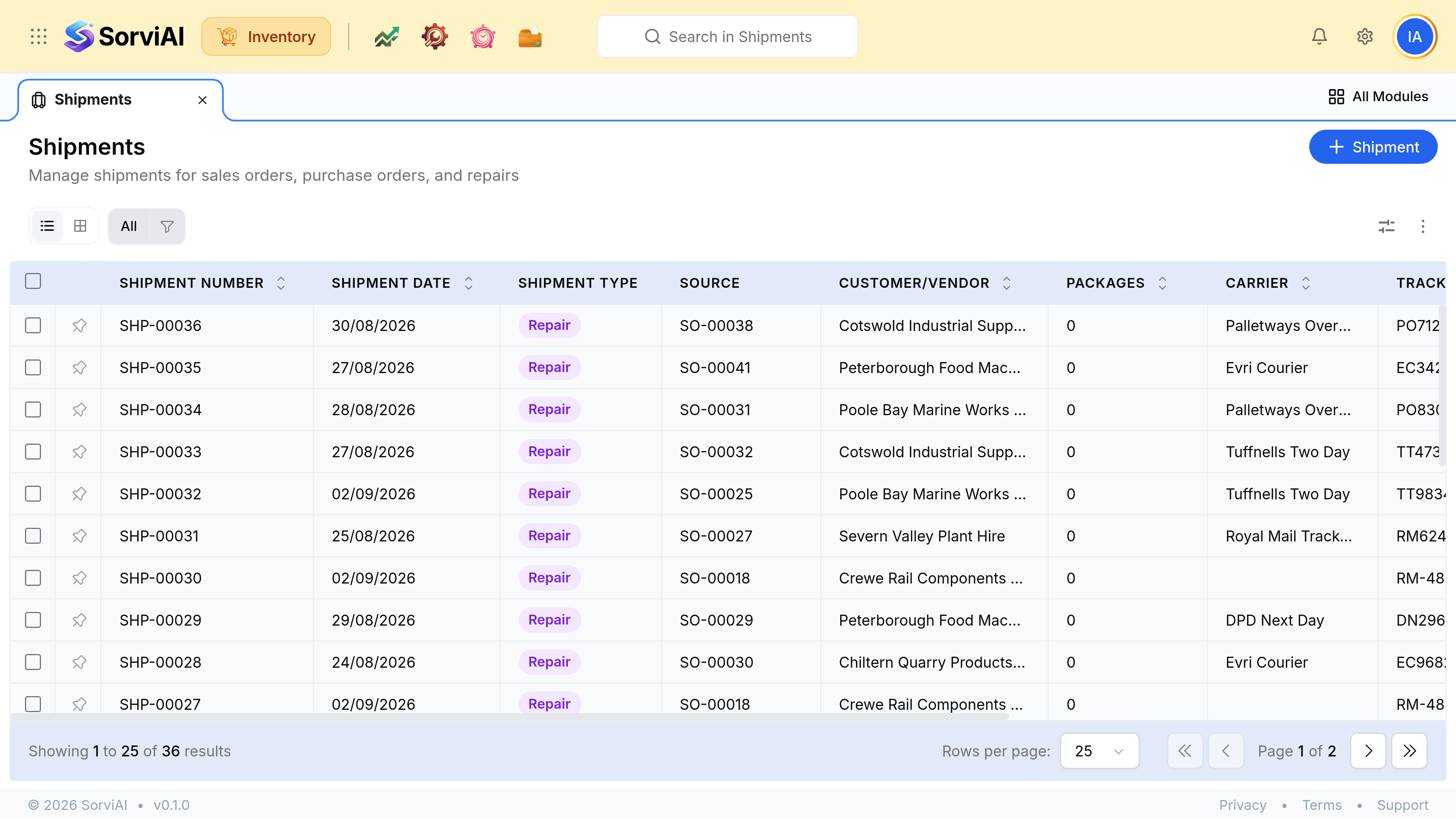 The Shipments list with its Shipment action and columns for Shipment number, Date, Type, Source number, Customer or Vendor, Packages, Carrier, Tracking, Status and Cost.