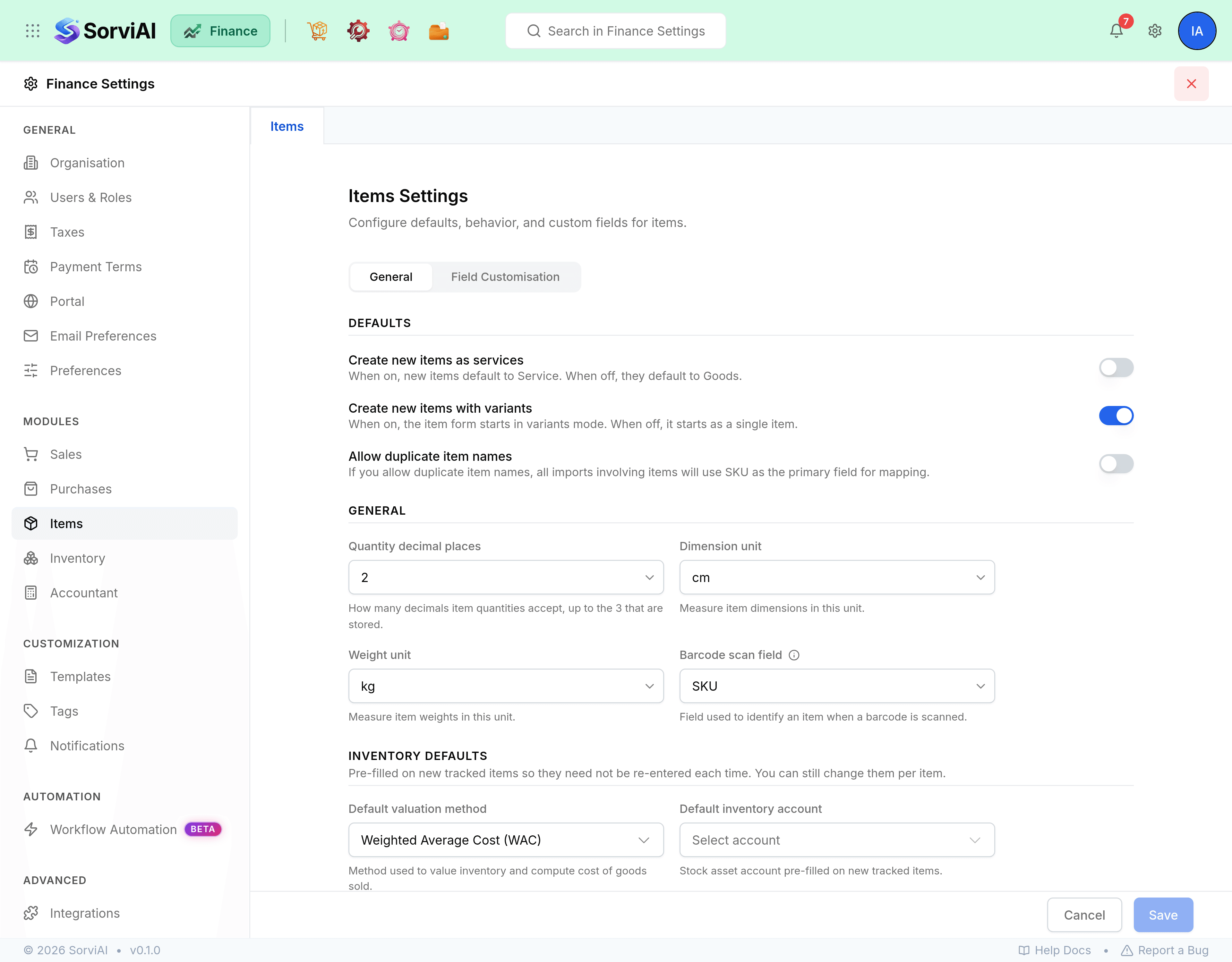 The Items settings screen. A Defaults section carries switches for creating new items as services, creating new items with variants, and allowing duplicate item names. A General section below sets quantity decimal places and the dimension unit.