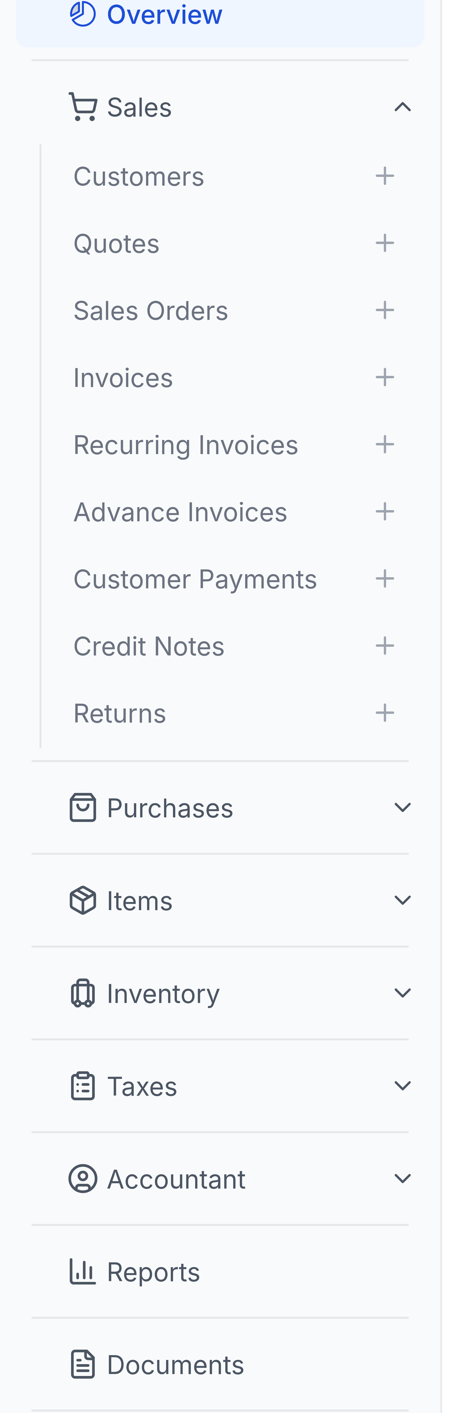 The Finance sidebar listing all nine modules: Overview, Sales, Purchases, Items, Inventory, Taxes, Accountant, Reports and Documents. The pointer rests on the Sales row, which has lifted into a hover state and shows a six-dot drag handle at its left edge.