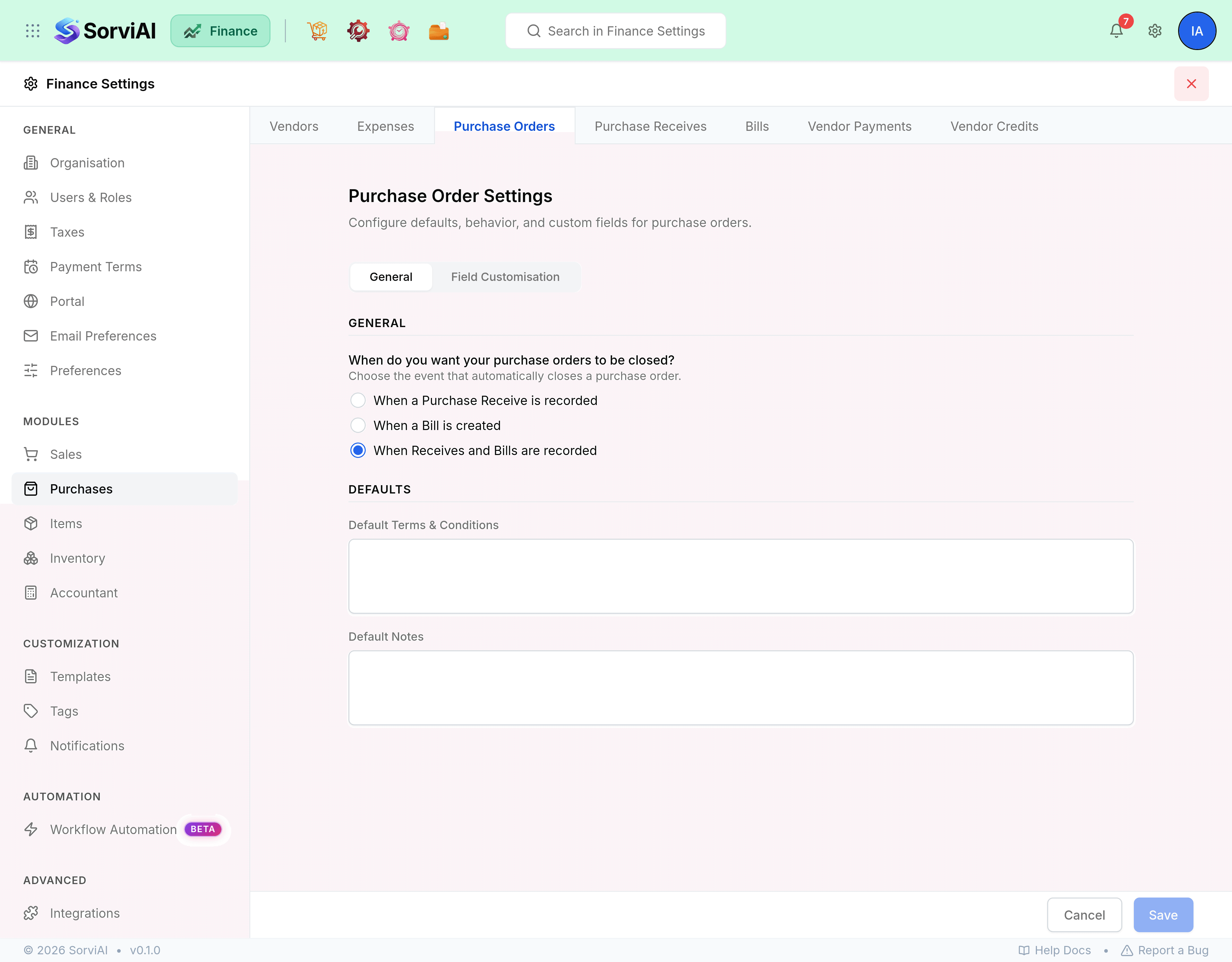 Finance Settings with Purchases selected in the left rail and the Purchase Orders tab open, alongside tabs for Vendors, Expenses, Purchase Receives, Bills, Vendor Payments and Vendor Credits.