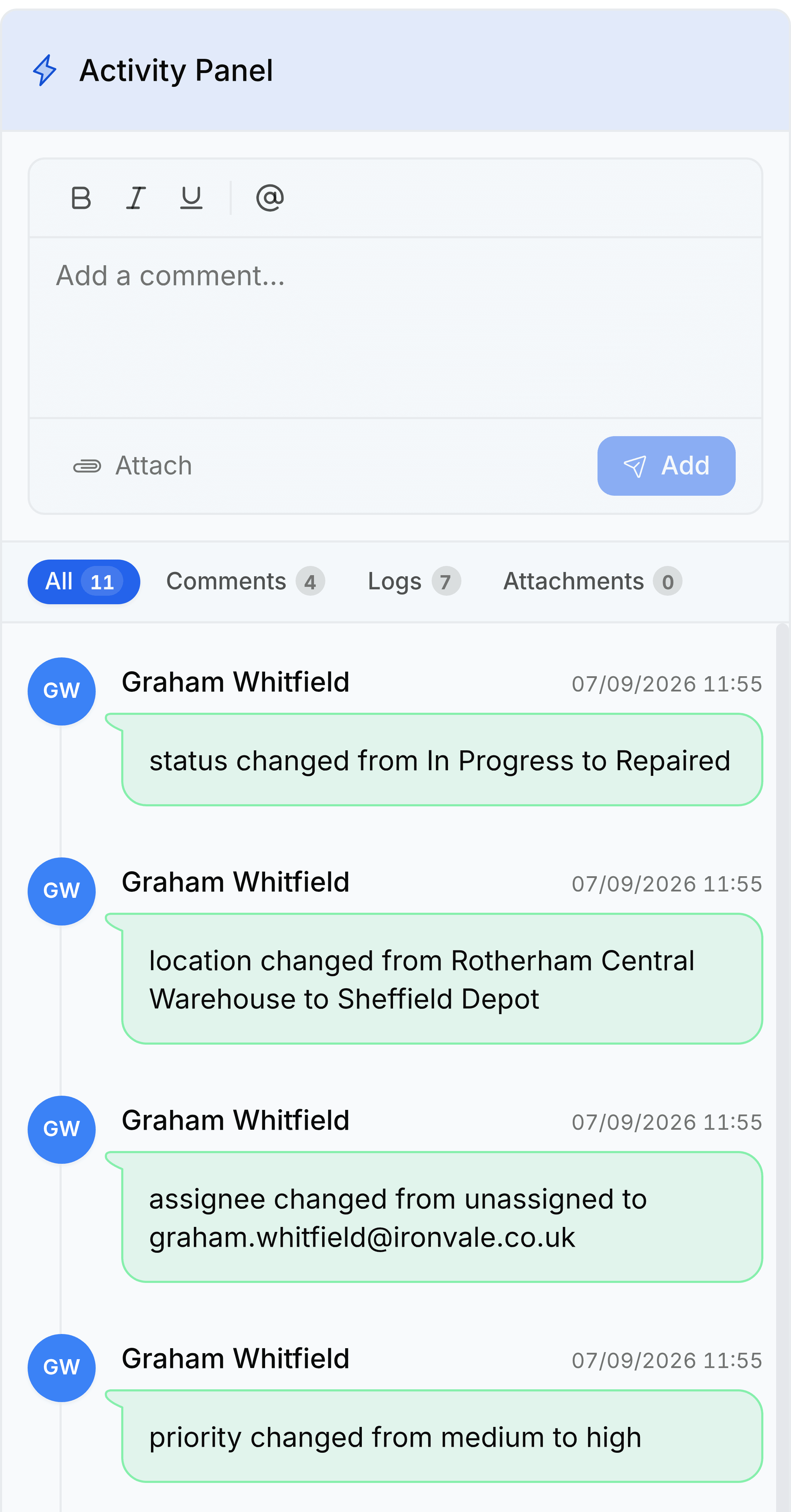 The Activity Panel of a ticket. A comment box with bold, italic, underline and mention controls sits at the top, with an Attach control, an Internal toggle and an Add button beneath it. Filter chips read All 11, Comments 4, Logs 7 and Attachments 0. The entries below are logs by Graham Whitfield timestamped 07/09/2026, reading status changed from In Progress to Repaired, location changed from Rotherham Central Warehouse to Sheffield Depot, assignee changed from unassigned to graham.whitfield@ironvale.co.uk, and priority changed from medium to high.