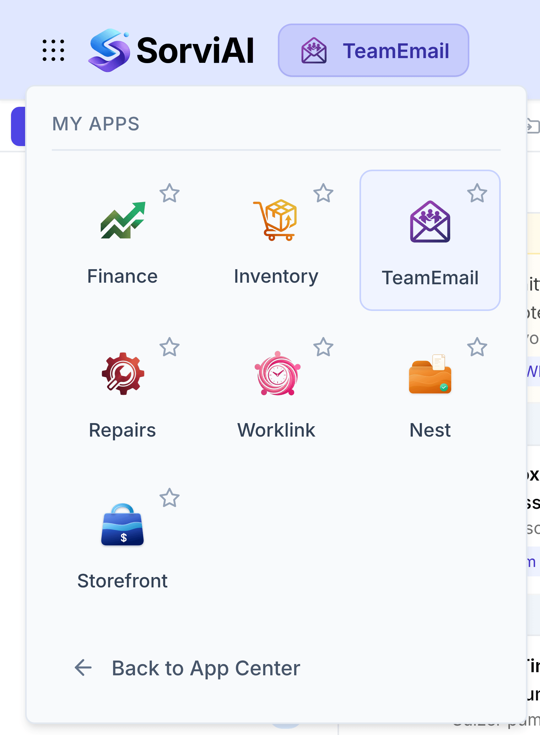 The app switcher open over TeamEmail, headed My Apps, showing the apps this account can reach as starred tiles: Finance, Inventory, TeamEmail highlighted as the current app, Repairs, Worklink, Nest and Storefront, above a Back to App Center link.