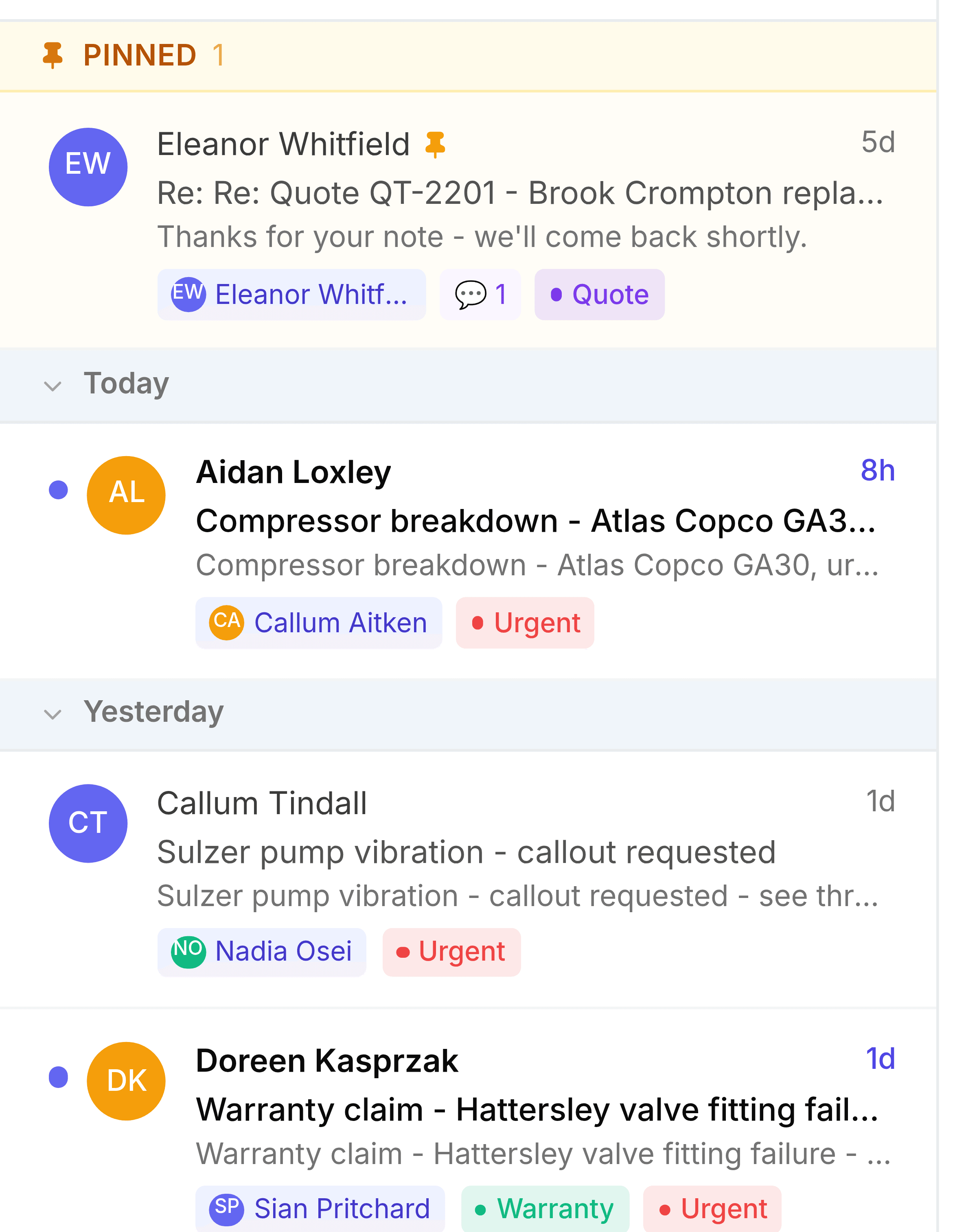 The Open list, where every row carries the name of the person it is assigned to alongside its tags: a pinned quote reply assigned to Eleanor Whitfield tagged Quote, a compressor breakdown assigned to Callum Aitken tagged Urgent, a Sulzer pump callout assigned to Nadia Osei tagged Urgent, and a Hattersley warranty claim assigned to Sian Pritchard tagged Warranty and Urgent.