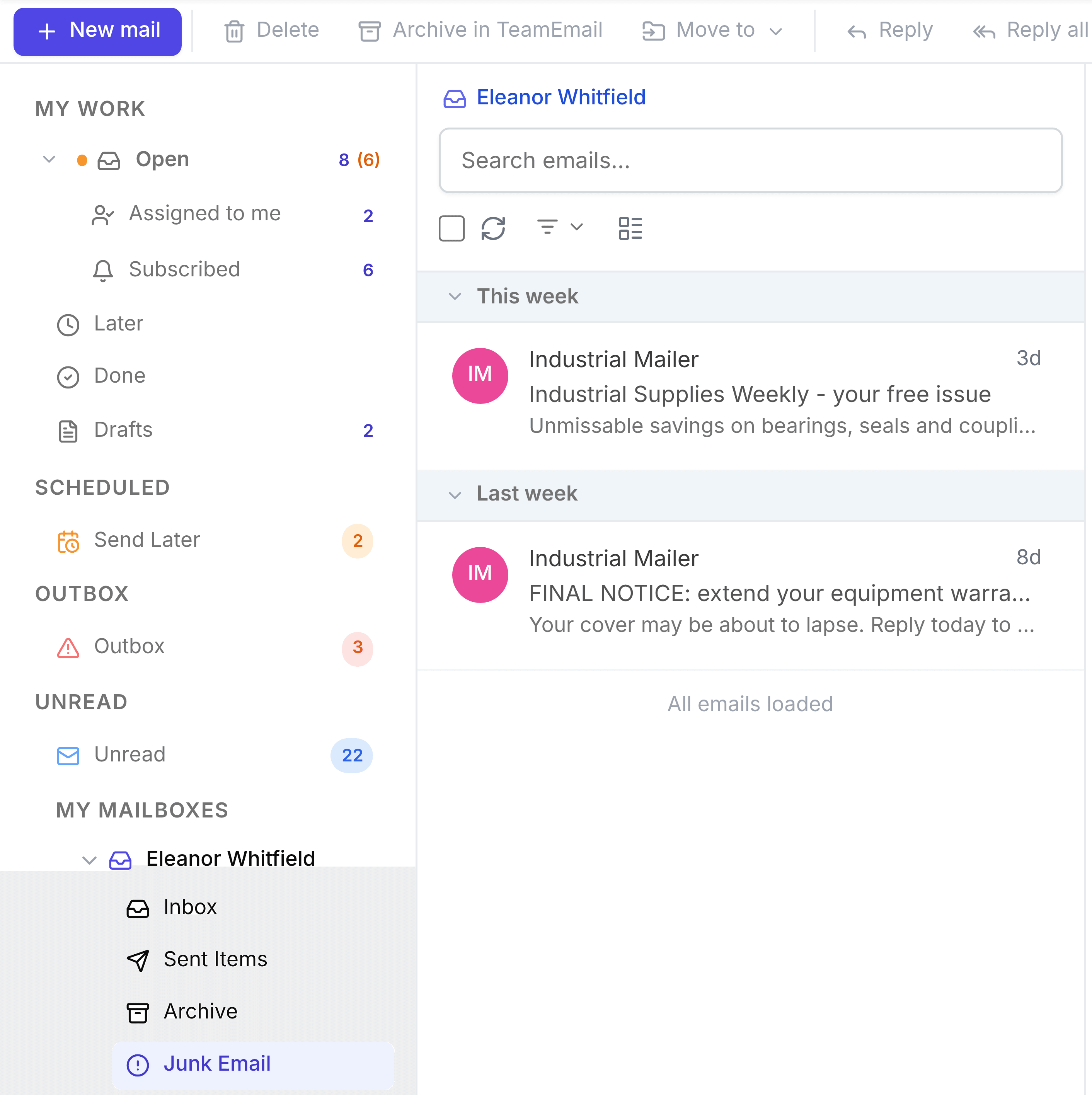 Eleanor Whitfield's mailbox with Junk Email selected, listing two flagged messages from an Industrial Mailer sender: a free-issue trade newsletter and a warranty renewal final notice.