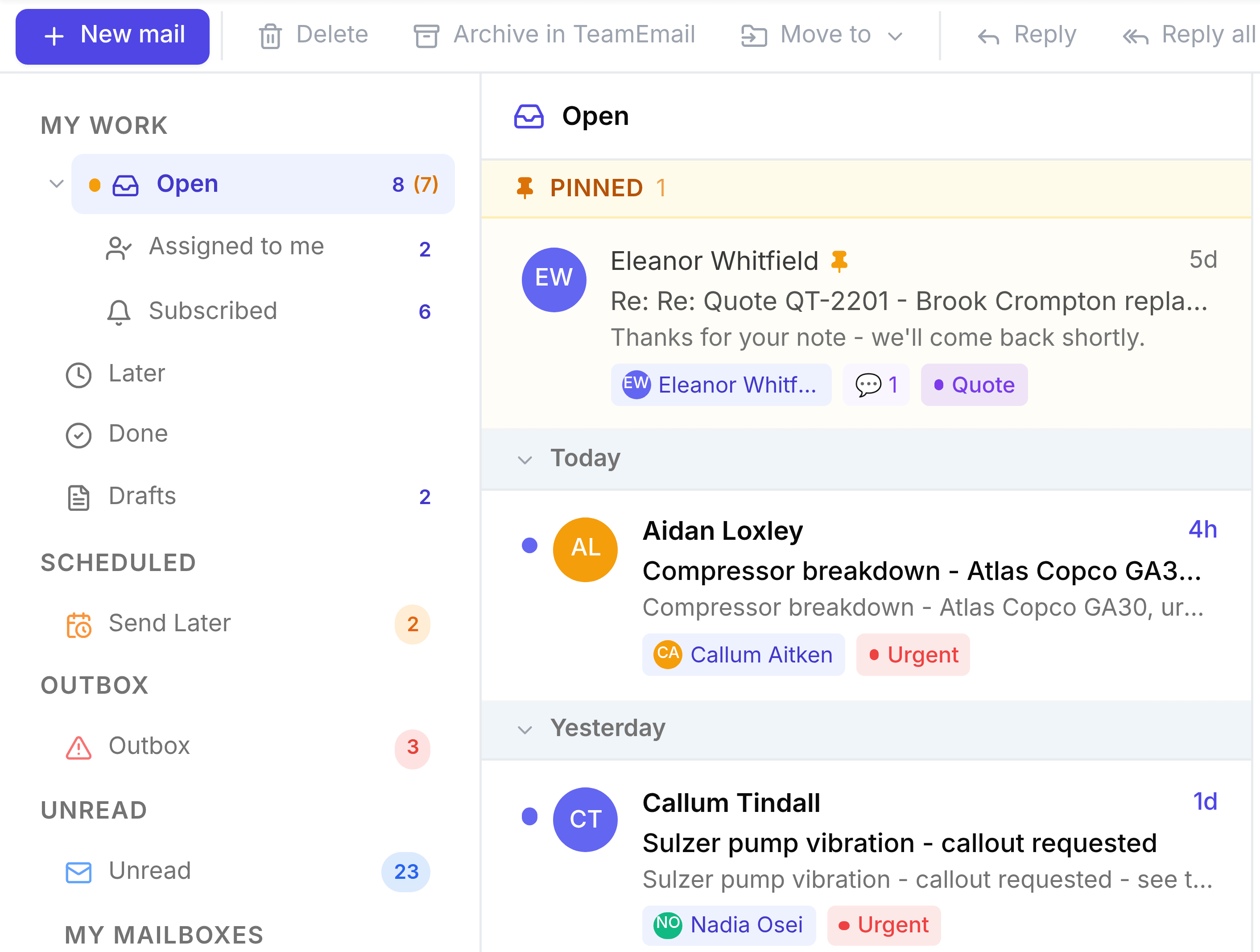 TeamEmail open on Open, under My Work in the left sidebar, with Assigned to me and Subscribed nested beneath it and Later, Done and Drafts below that. The message list is grouped by day: one row pinned at the top from Eleanor Whitfield tagged Quote, then rows under Today and Yesterday from Aidan Loxley and Callum Tindall, each carrying a sender avatar, a subject line, a short preview, the person it is assigned to and a coloured tag such as Urgent.