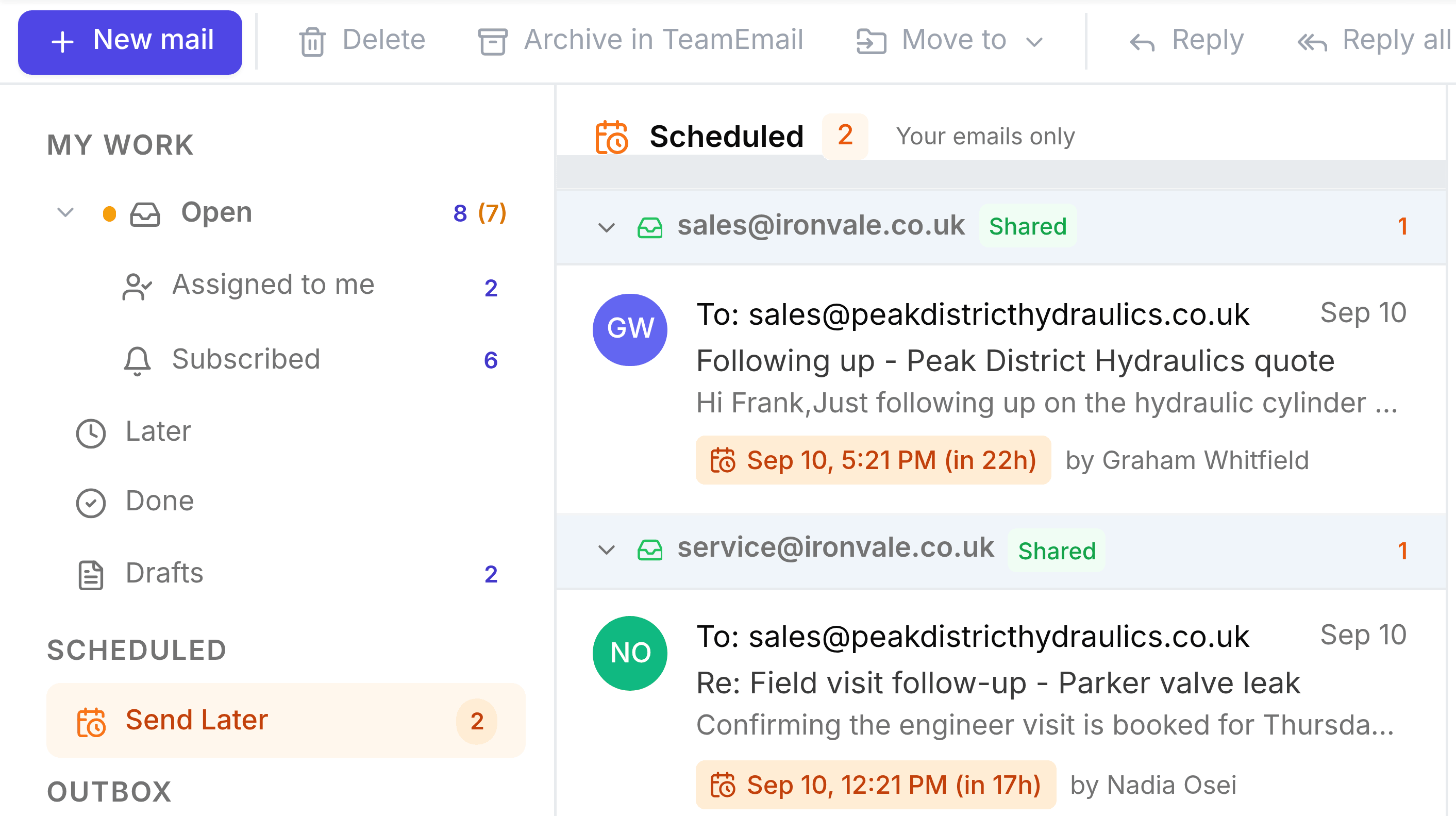 TeamEmail's Scheduled list, headed Scheduled 2, Your emails only, grouped by the shared mailbox each email will go out from. Under sales@ironvale.co.uk, marked Shared, a follow-up to Peak District Hydraulics from Graham Whitfield is due Sep 10 at 5:21pm, in 22 hours. Under service@ironvale.co.uk, marked Shared, a field-visit confirmation from Nadia Osei is due Sep 10 at 12:21pm, in 17 hours. Each row carries an orange chip with the exact send time and a countdown.