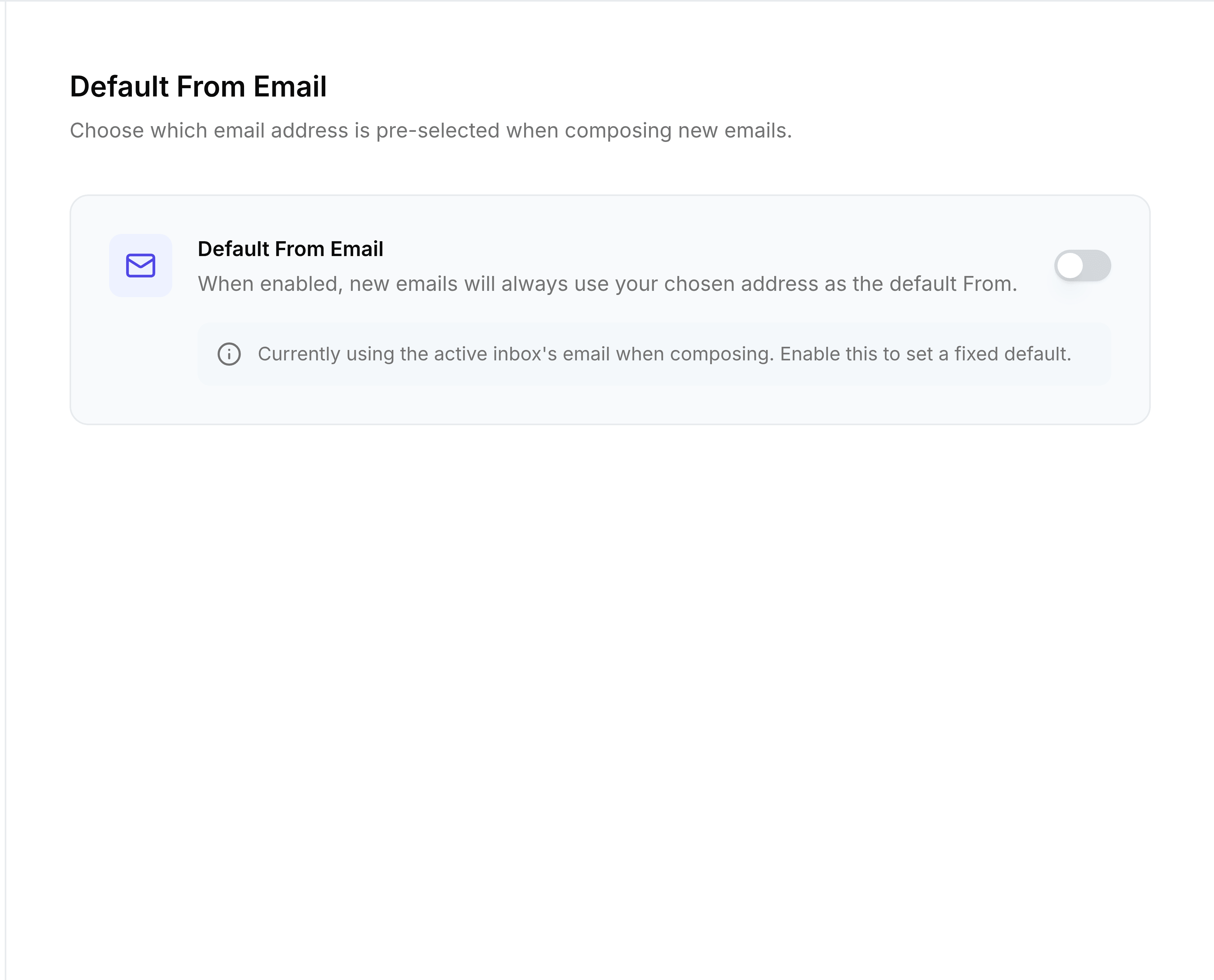 The Default From screen in TeamEmail Settings, described as choosing which email address is pre-selected when composing new emails. A card headed Default From Email explains that when enabled, new emails will always use your chosen address as the default From. Its toggle is off, with a note below it.
