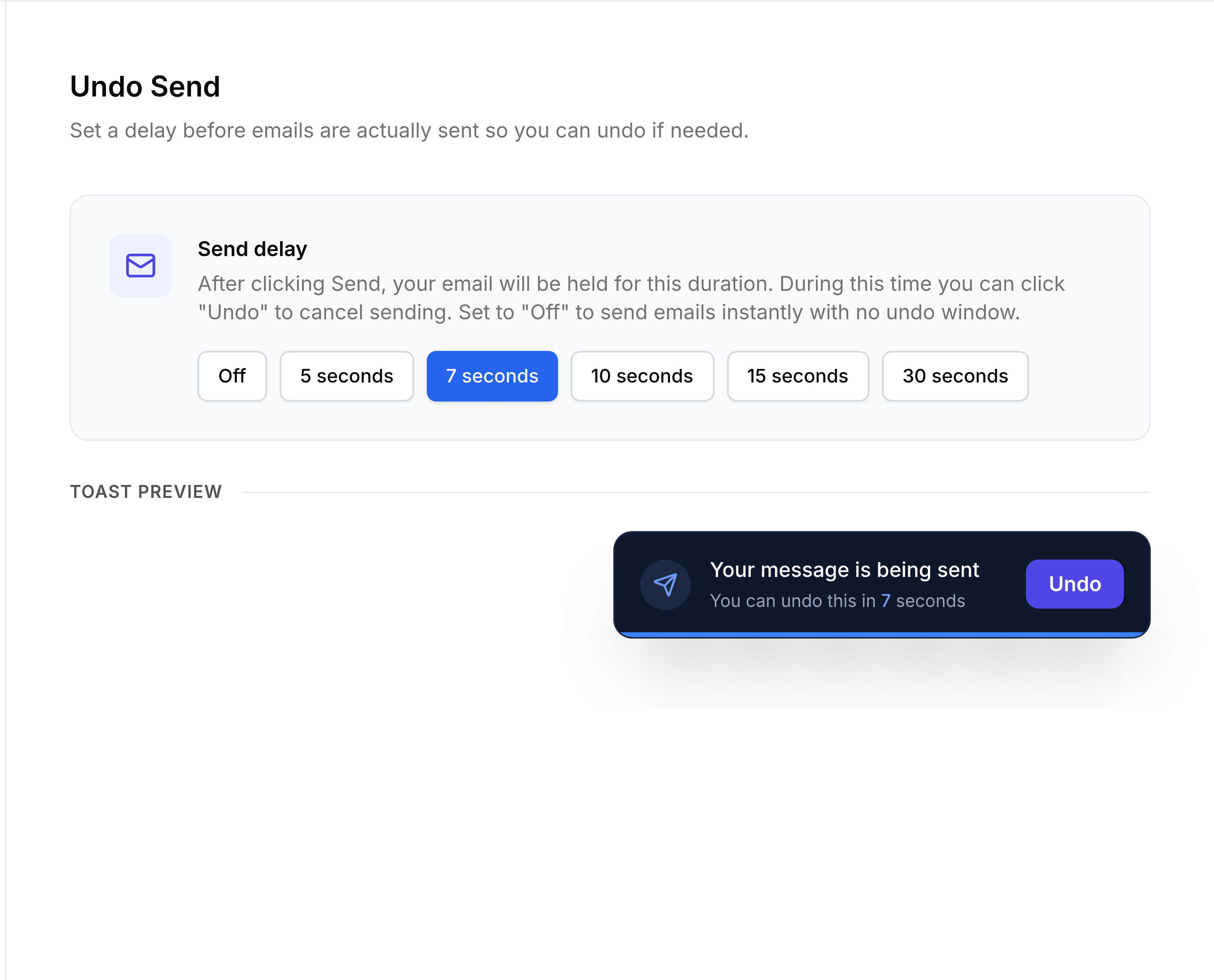 The Undo Send screen in TeamEmail Settings, described as setting a delay before emails are actually sent so you can undo if needed. A card headed Send delay offers six choices, Off, 5 seconds, 7 seconds, 10 seconds, 15 seconds and 30 seconds, with 7 seconds selected. A Toast Preview section beneath shows the message a sender sees.