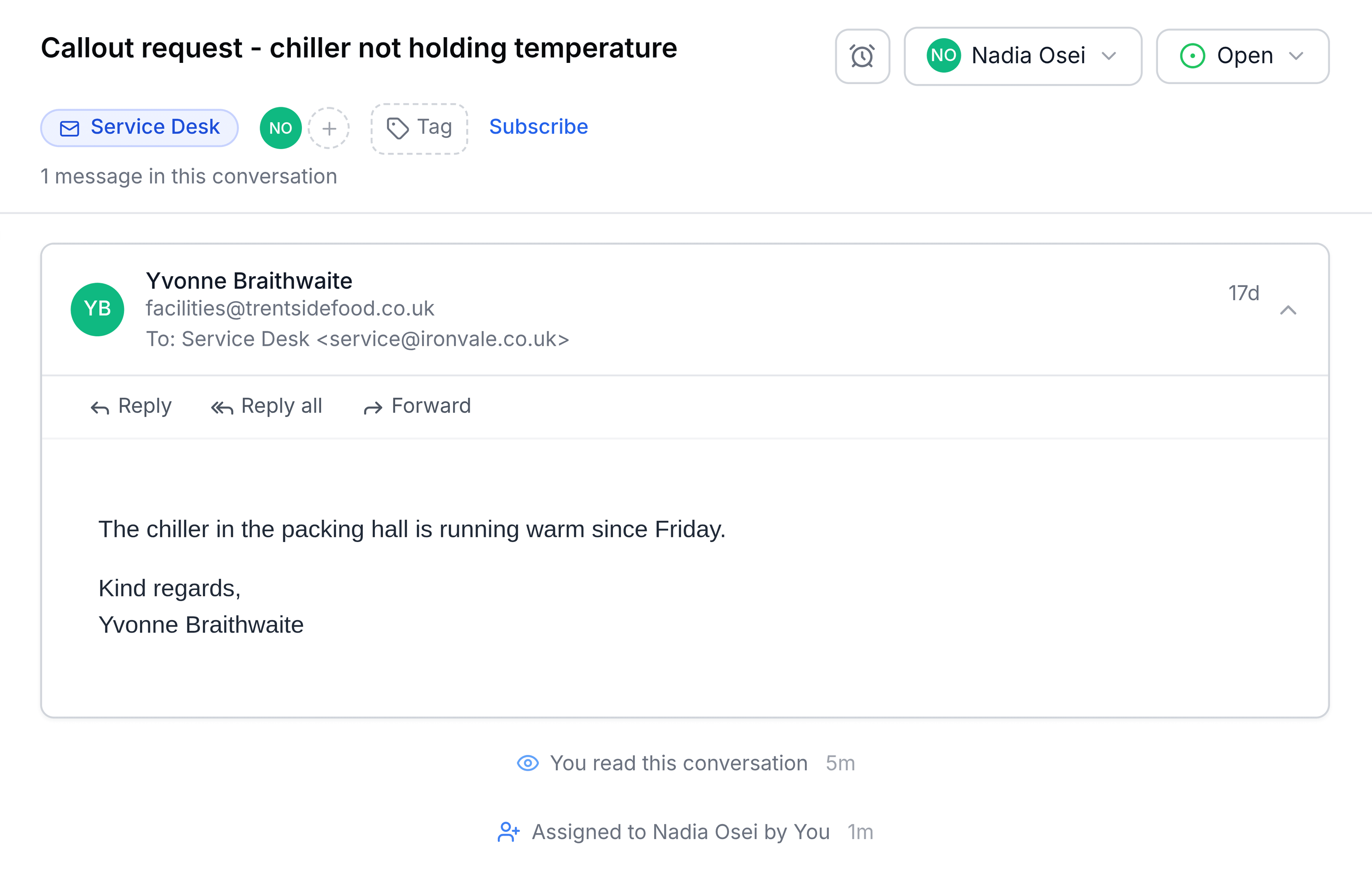 The same chiller conversation after assigning. The Assign button now reads Nadia Osei with her initials, a green NO avatar has joined the participants beside the Service Desk badge, and a line at the foot of the timeline reads Assigned to Nadia Osei by You.