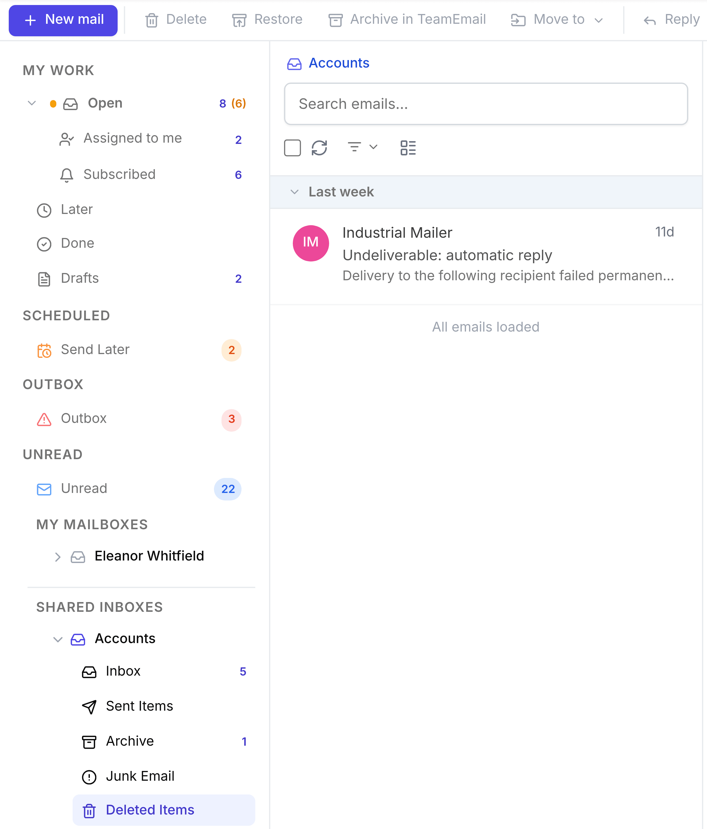 The Accounts shared inbox with Deleted Items selected at the foot of its folder list, holding an undeliverable automatic reply.