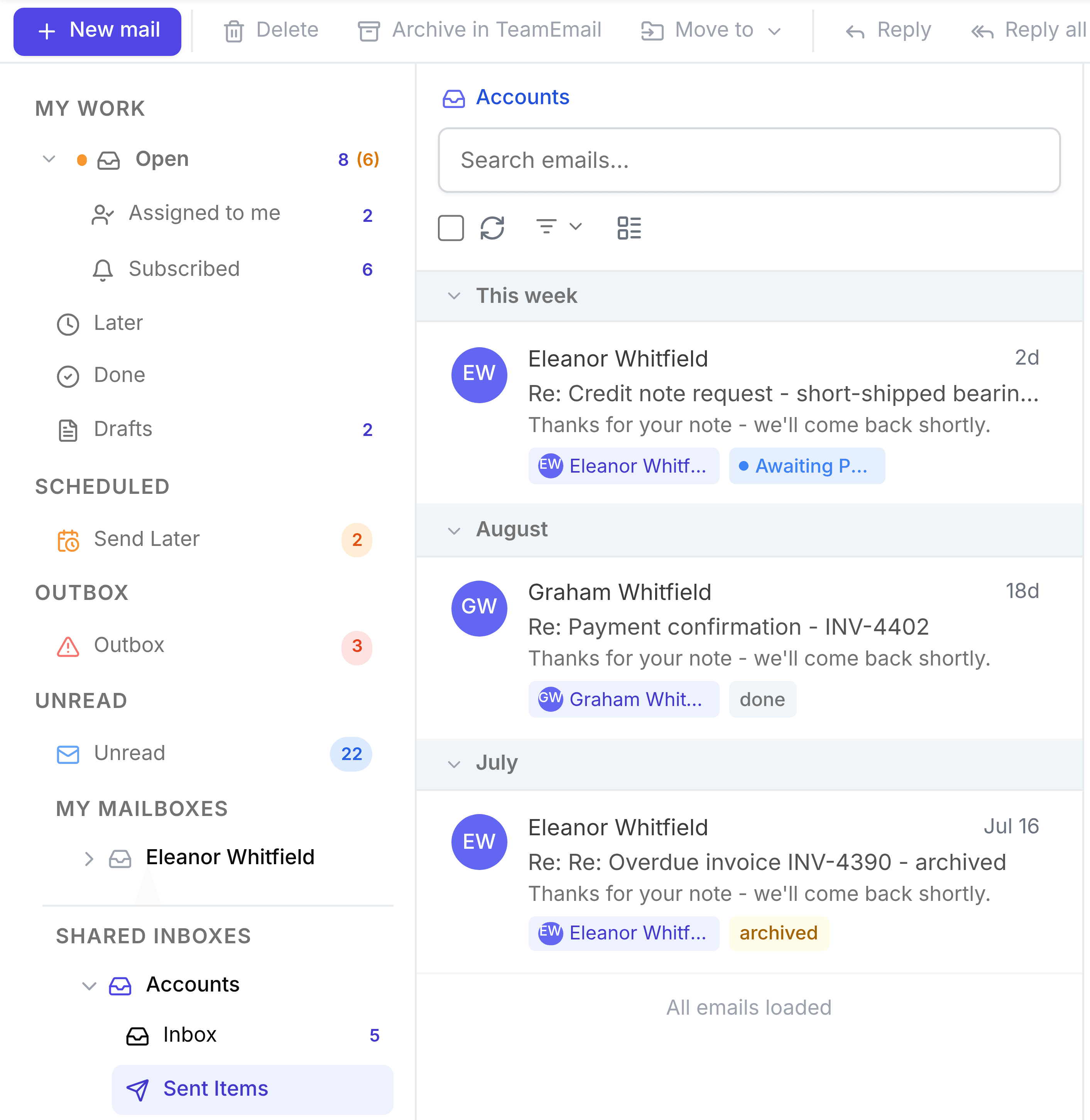 The Accounts shared inbox with Sent Items selected, listing replies sent from the address by different people: a credit note reply from Eleanor Whitfield and a payment confirmation for INV-4402 from Graham Whitfield.