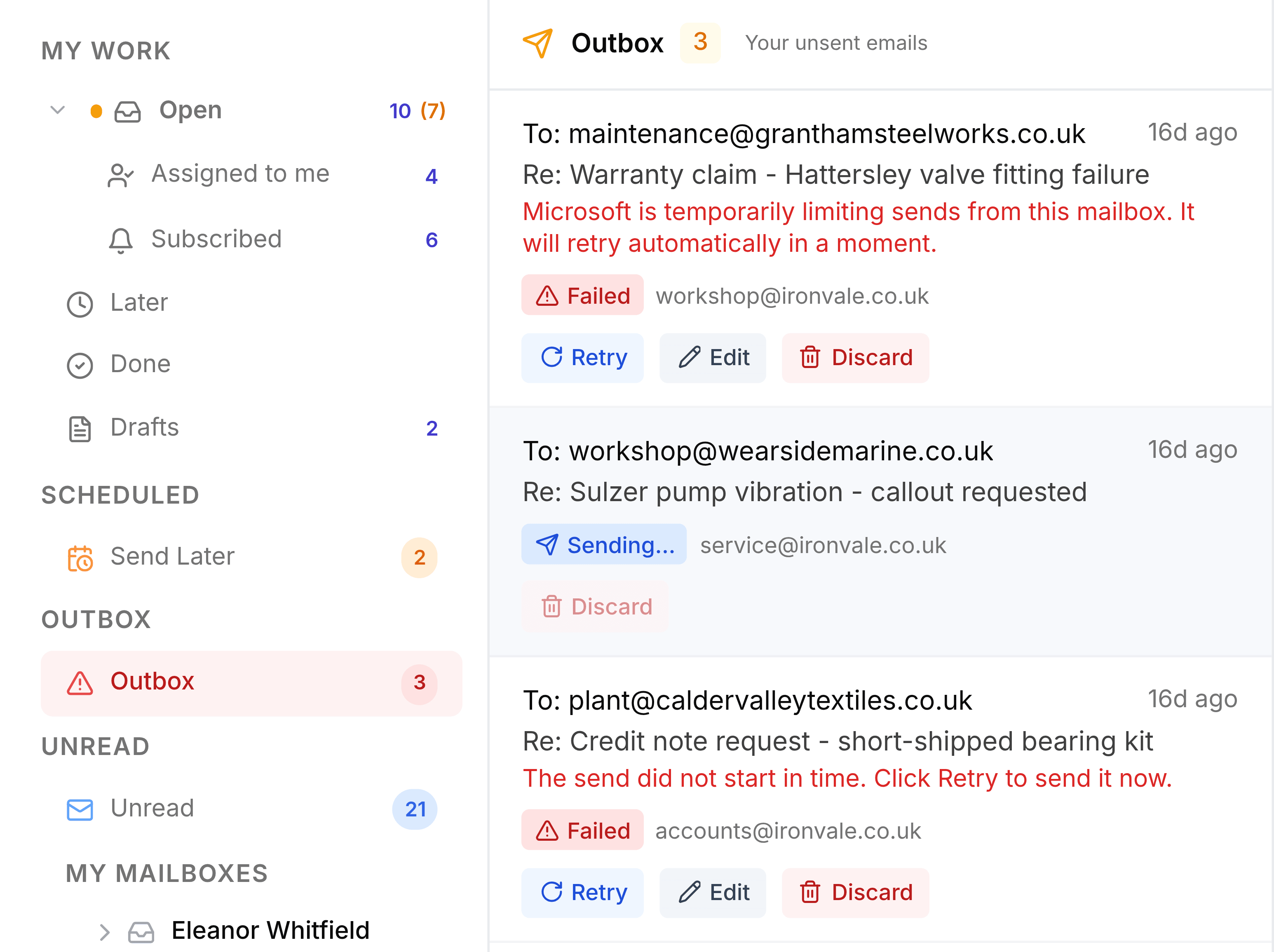 TeamEmail with Outbox selected in the sidebar, shown in red with a count of 3. The list, headed Outbox, Your unsent emails, holds three emails. The first, a warranty claim reply from workshop@, is marked Failed with a red reason and Retry, Edit and Discard buttons. The second, from service@, is marked Sending... with only Discard. The third, a credit note reply from accounts@, is marked Failed with the reason The send did not start in time. Click Retry to send it now.