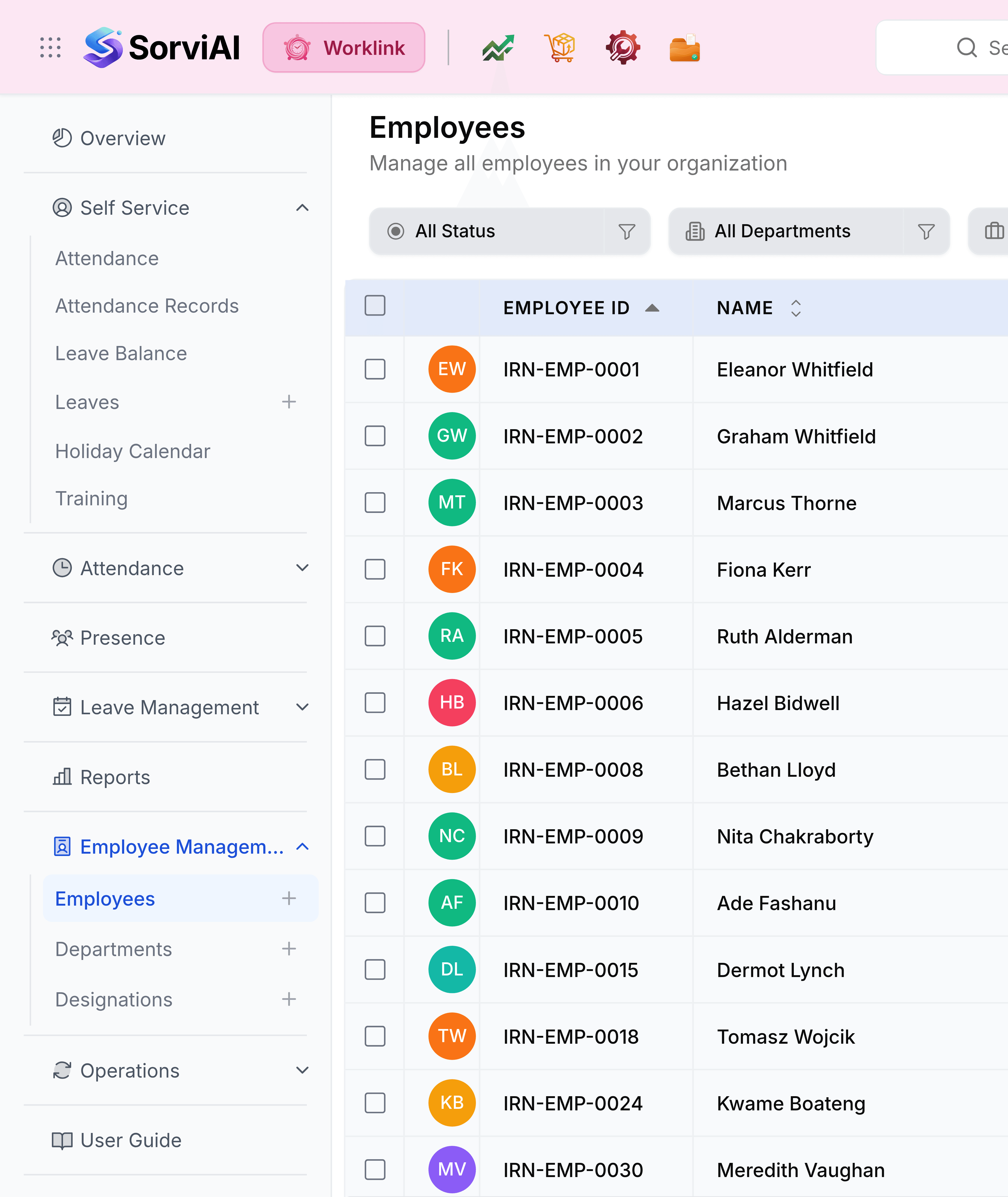 The same Employees screen in the Classic layout. The tab bar and the All Modules button are gone, and a left sidebar takes their place, listing Overview, then Self Service expanded to Attendance, Attendance Records, Leave Balance, Leaves, Holiday Calendar and Training, then Attendance, Presence, Leave Management, Reports, Employee Management expanded to Employees, Departments and Designations, then Operations and User Guide.