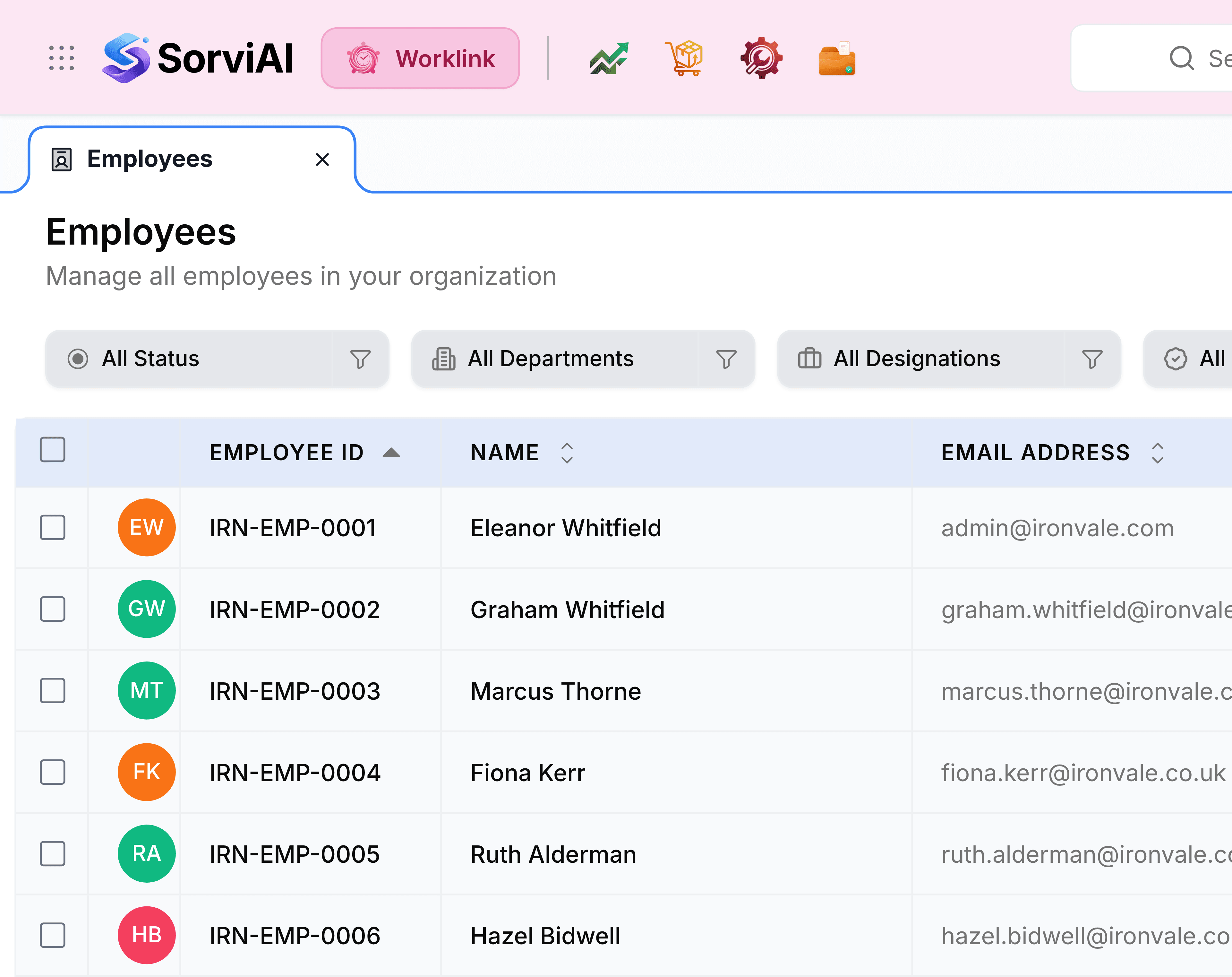 The left of the Employees screen in Worklink, read top to bottom. A pink header carries a grid of dots, the SorviAI logo, a Worklink pill and four starred app icons. Beneath it a tab bar holds an Employees tab. The page is headed Employees above the line Manage all employees in your organization, then a row of filters reading All Status, All Departments, All Designations and All Types, and then the table: employee ID, name and email address for Eleanor Whitfield, Graham Whitfield, Marcus Thorne, Fiona Kerr, Ruth Alderman and Hazel Bidwell.