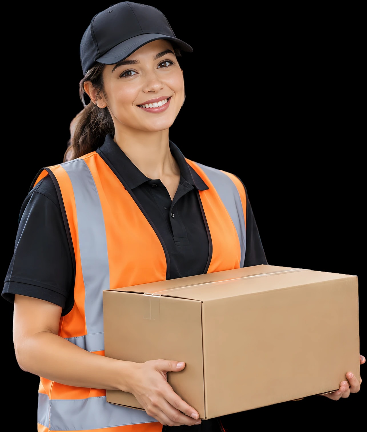 A smiling warehouse worker in a black cap and orange hi-vis vest carrying a cardboard box.