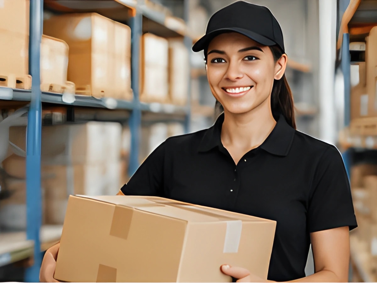 A smiling warehouse worker in a black cap carrying a cardboard carton past shelves of stacked cartons.