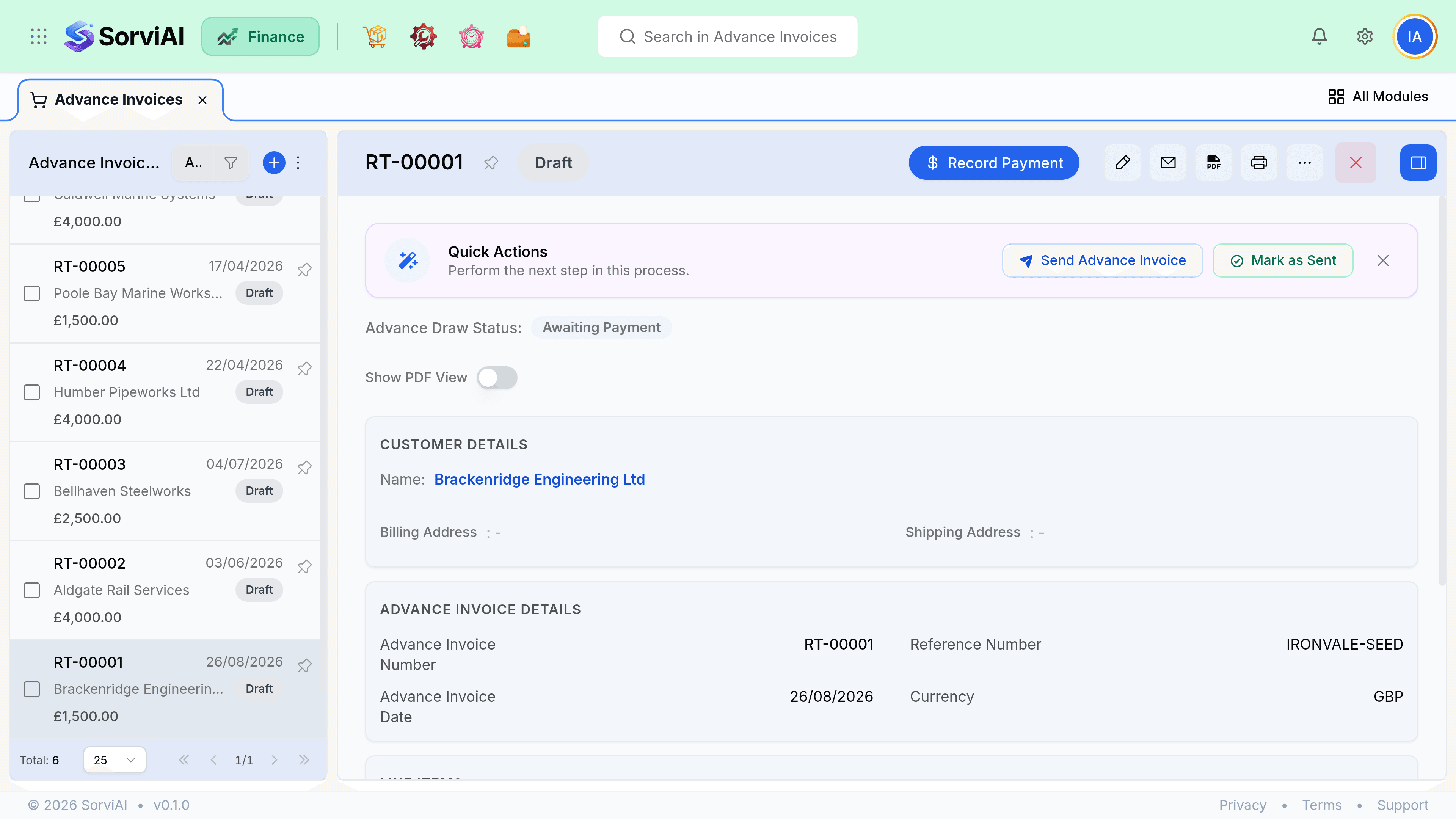 An advance invoice, RT-00001 for Brackenridge Engineering Ltd, in Draft. A Record Payment button sits in the header, and an Advance Draw Status reads Awaiting Payment. A single service line for 1,500 pounds is shown, with a balance due of the same amount.