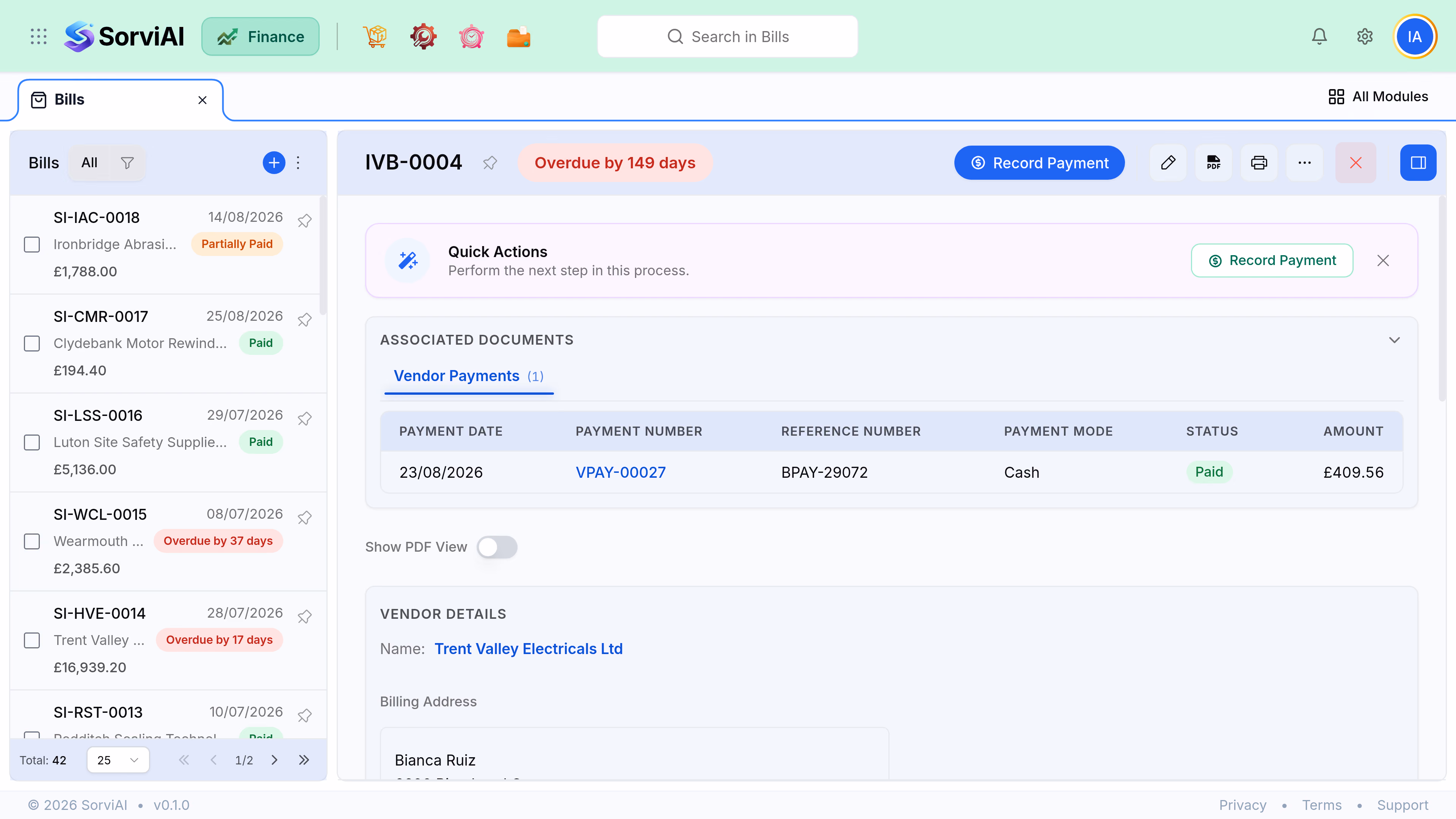 An open bill, IVB-0004, showing a red Overdue by 149 days pill beside a Record Payment button. A Quick Actions strip repeats Record Payment. An Associated Documents panel lists one vendor payment, VPAY-00027, for 409.56 marked Paid. Vendor Details and Bill Details follow beneath it.