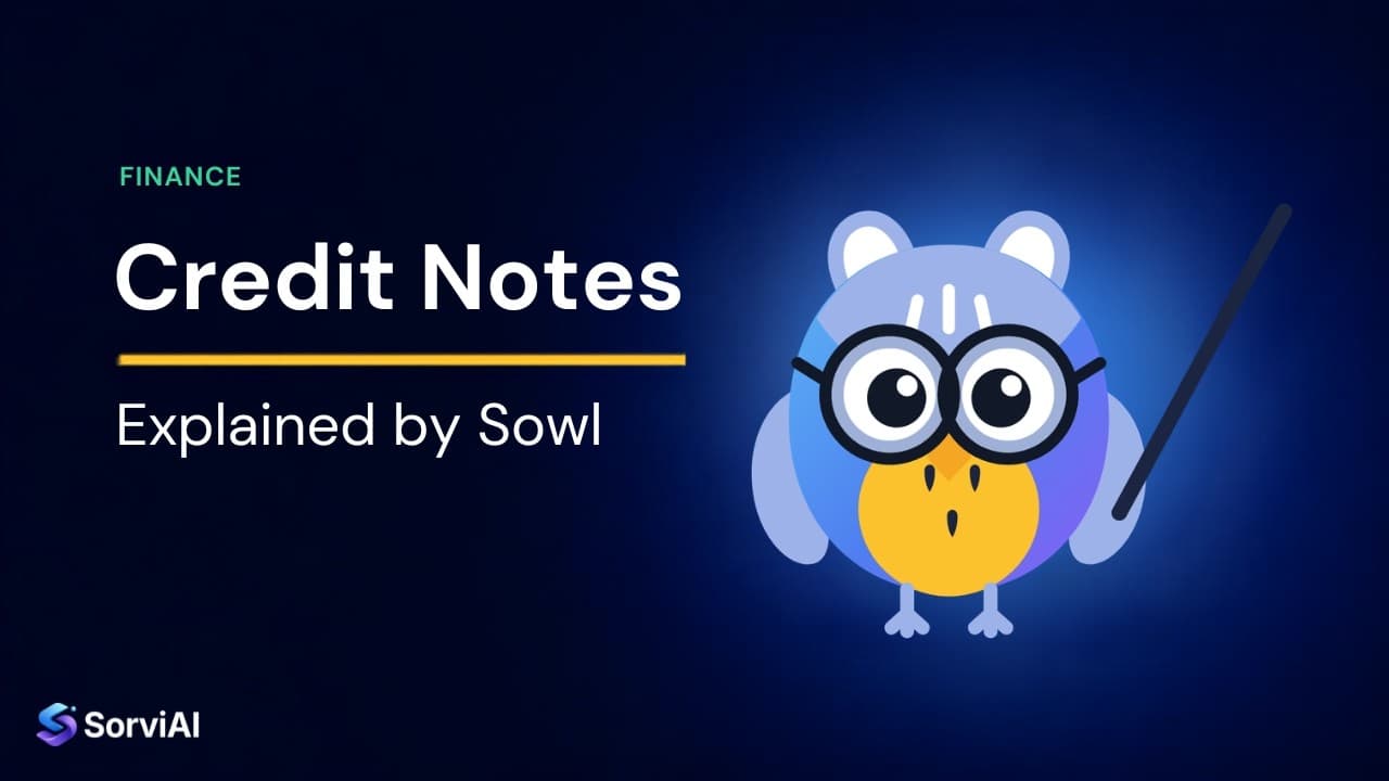 Credit notes, explained by Sowl: the SorviAI tutor, a blue owl in round glasses holding a pointer.