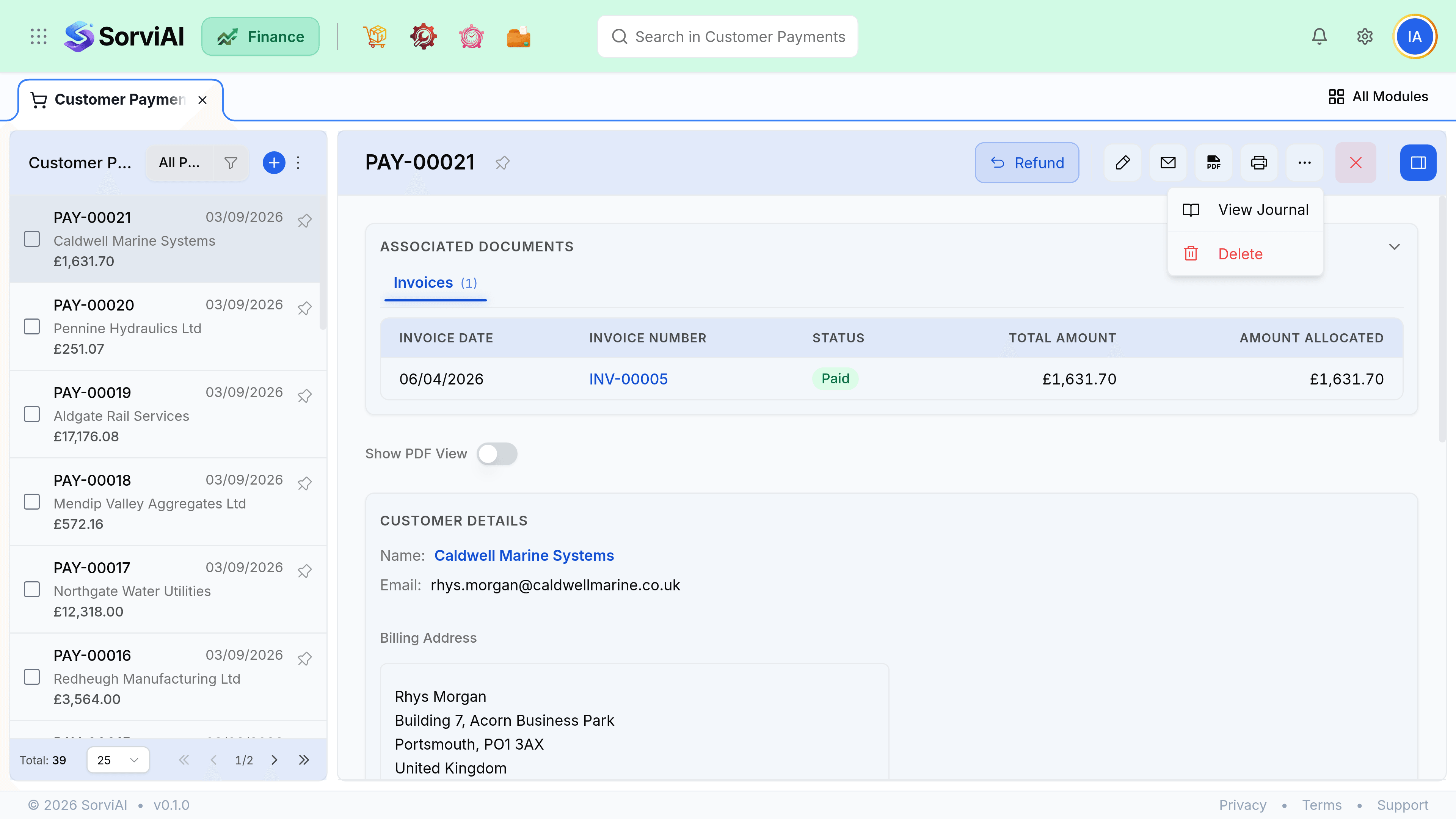 A customer payment with a Refund button in the header and the more-actions menu open beside it, listing View Journal and Delete. The allocations behind it show the payment fully applied to one invoice.